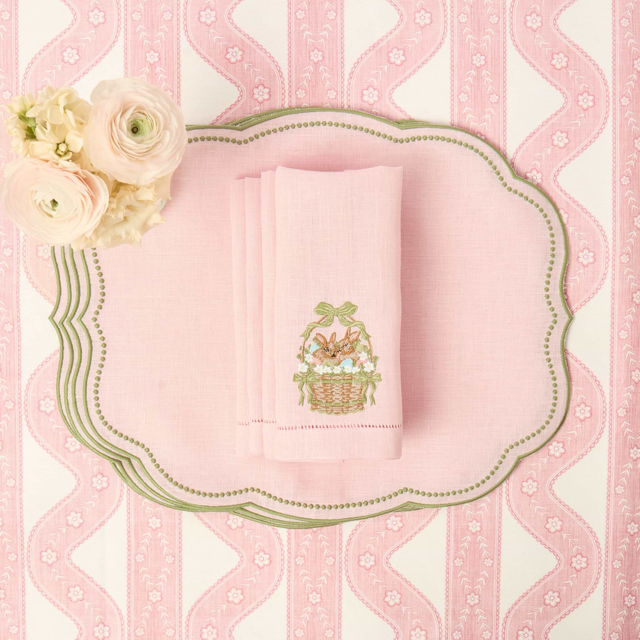 Pink & Green Eloise Linen Placemats & Bunnies in Basket Napkins (Set of 4)
