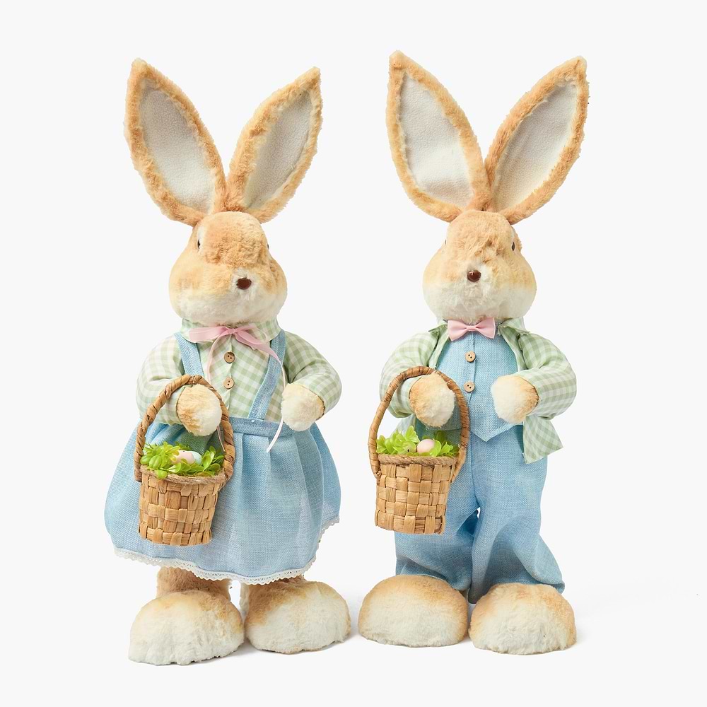 Large Rattan Rabbit Large Mr. & Mrs. Rabbit in Blue (Pair)