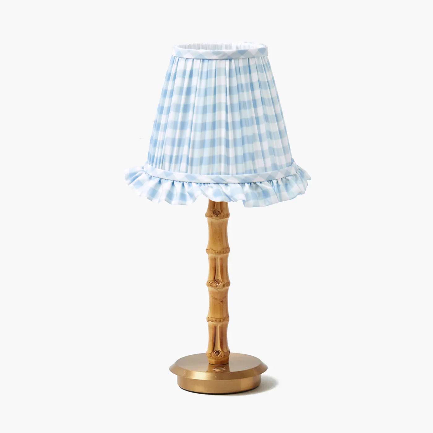Bamboo Rechargeable Lamp with Blue Gingham Ruffle Shade (18cm)