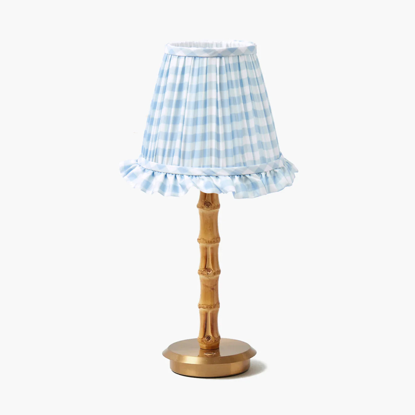 Bamboo Rechargeable Lamp with Blue Gingham Ruffle Shade (18cm)
