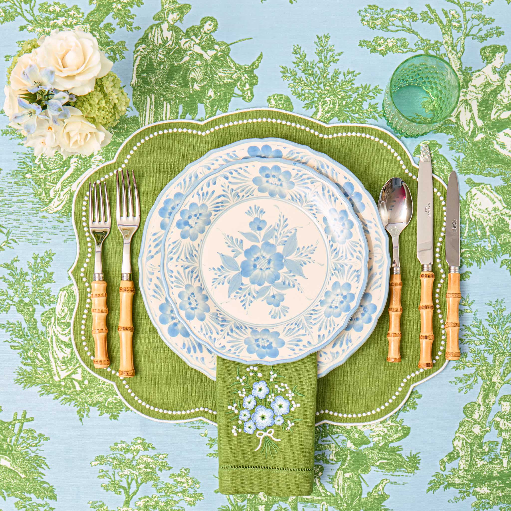Eloise Green Linen Placemats & Floral Embroidered Napkins (Set of 4)