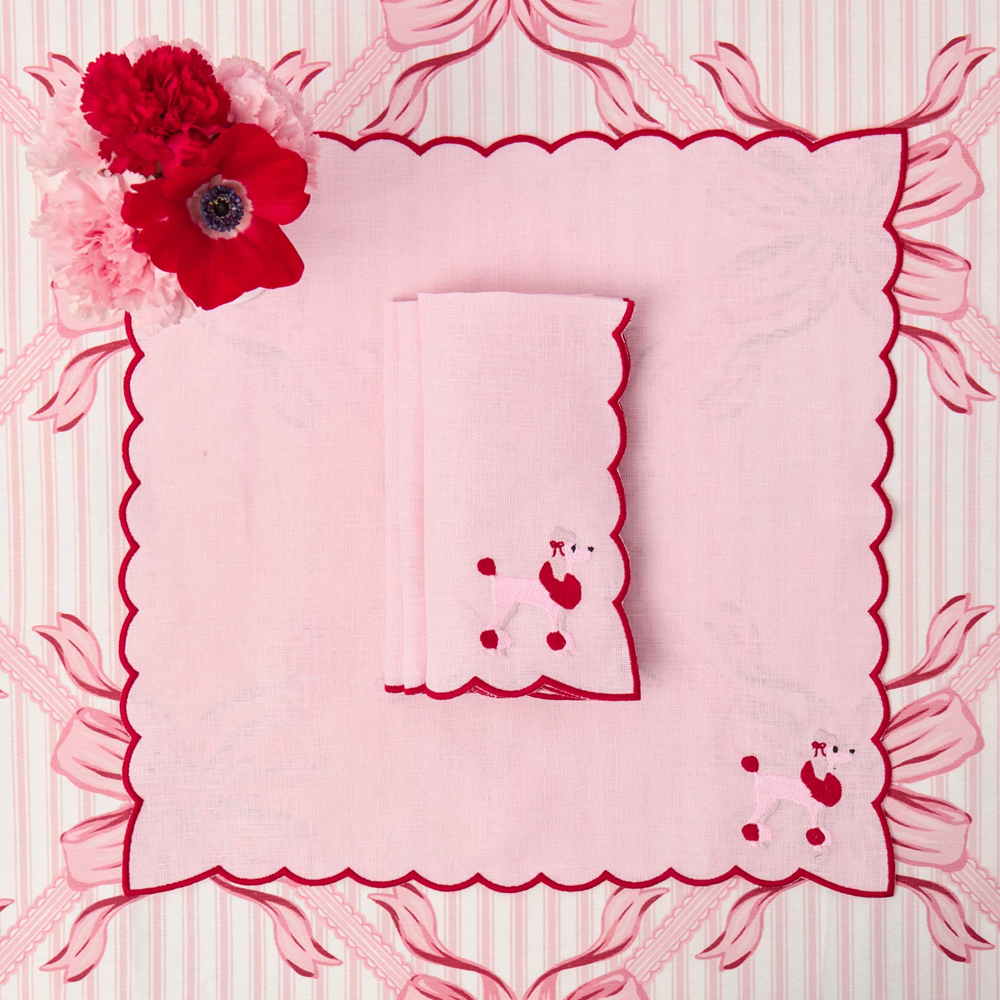 Pink & Red Eloise Linen Placemats & Fifi Poodle Napkins (Set of 4)