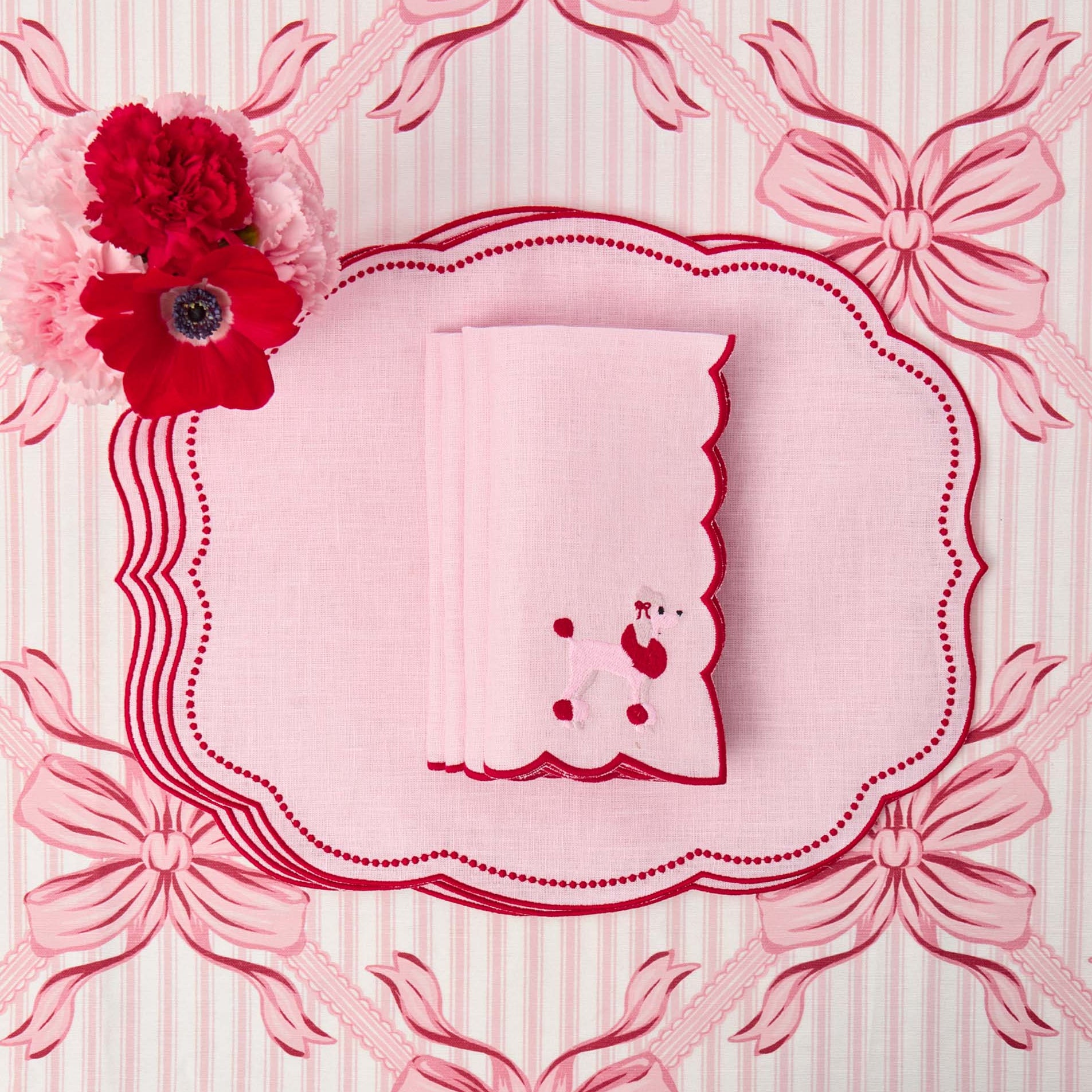 Pink & Red Eloise Linen Placemats & Fifi Poodle Napkins (Set of 4)