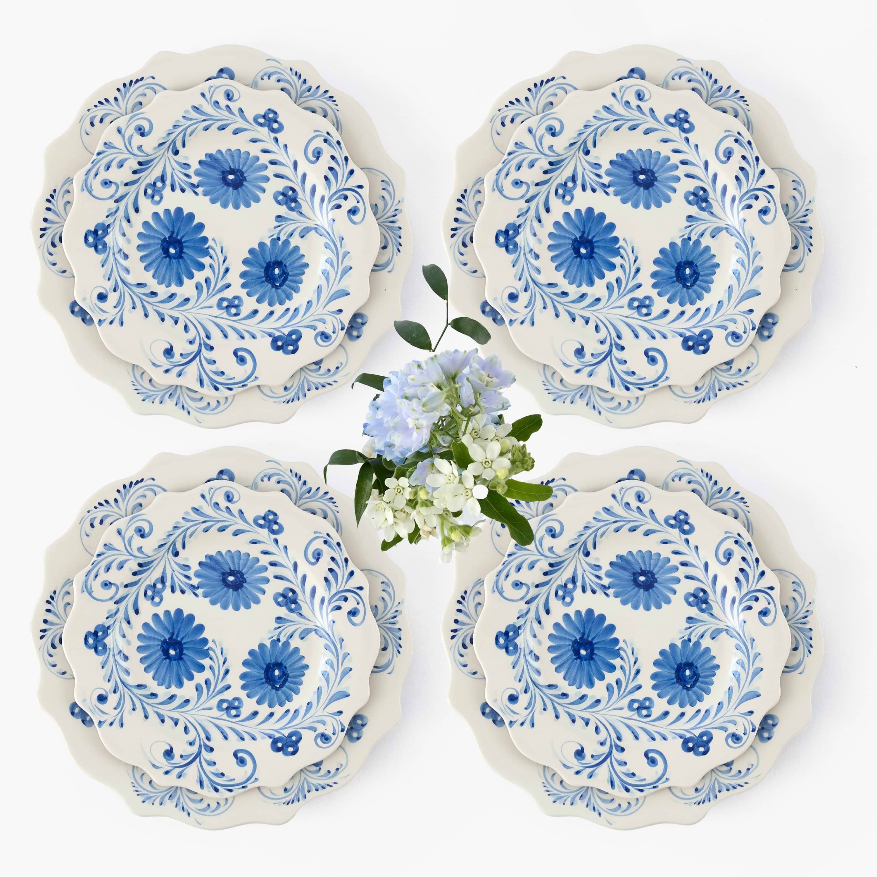 Blue Flowers Dinner & Starter Plates (Set of 8)