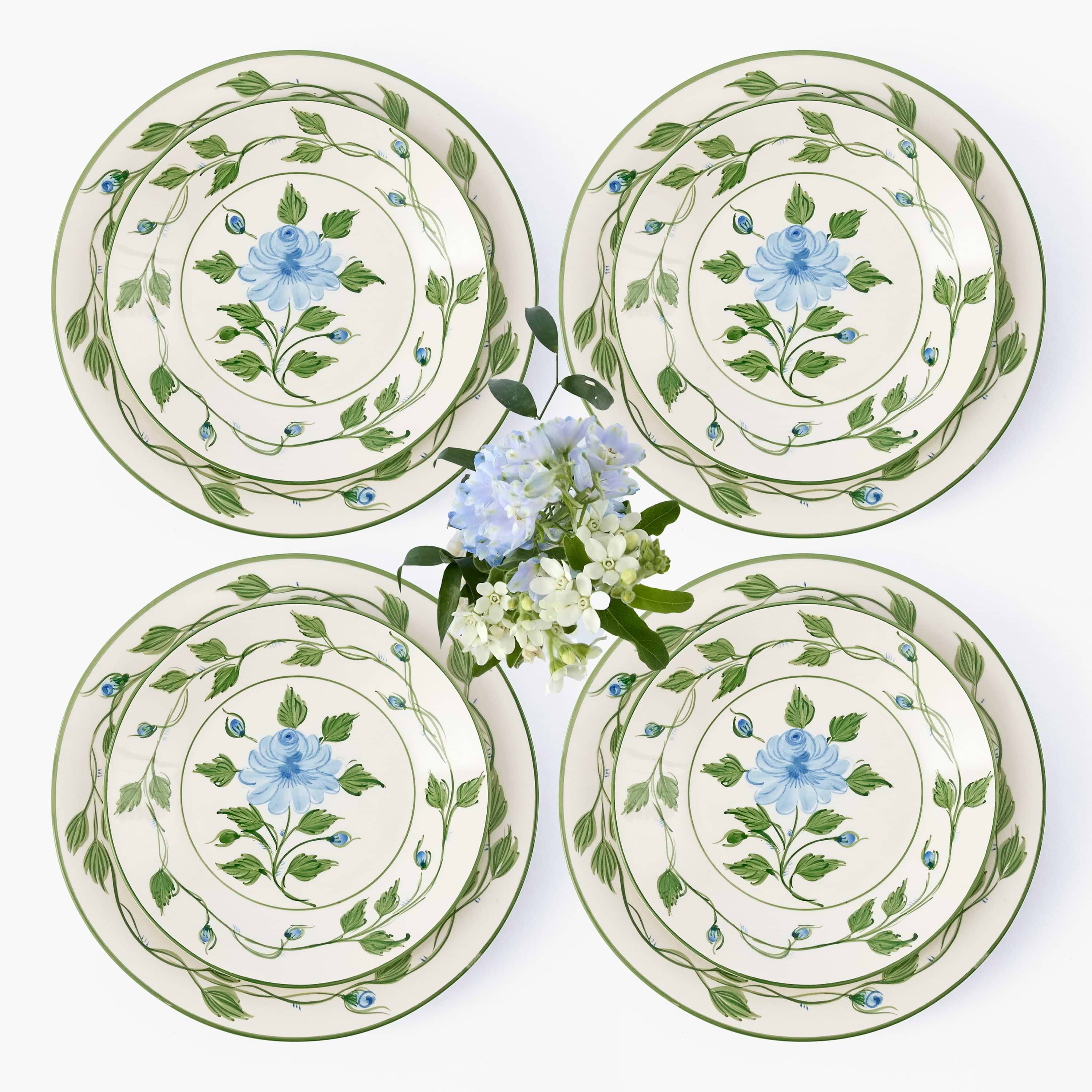Blue Rose Bud Dinner & Starter Plates (Set of 8)