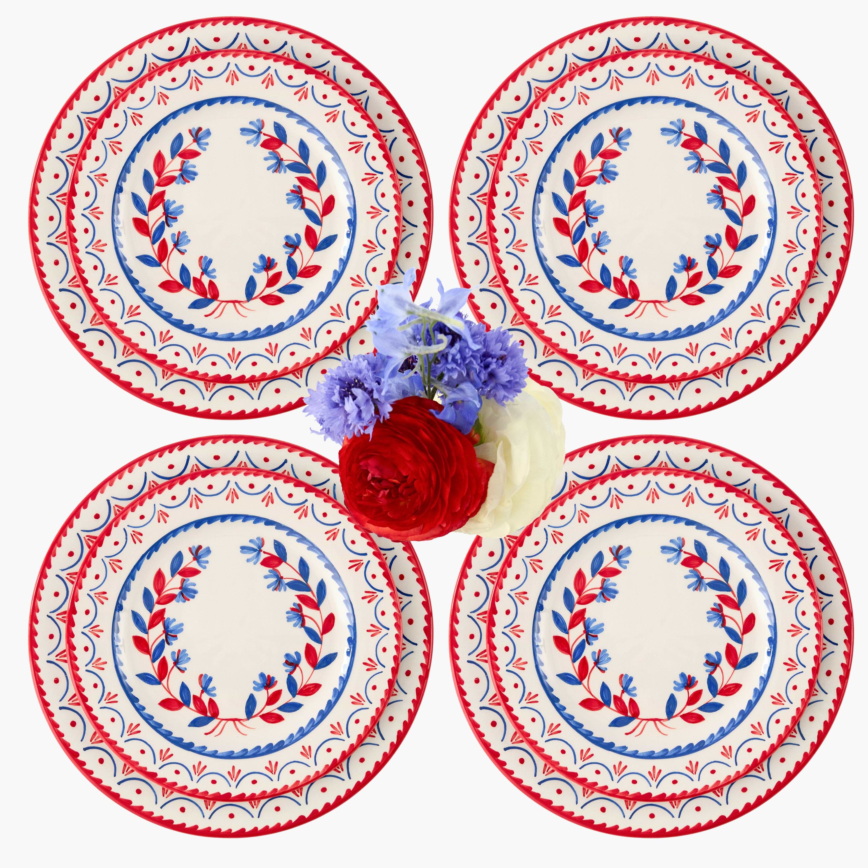 Blue & Red Josephine Dinner & Starter Plates (Set of 8)