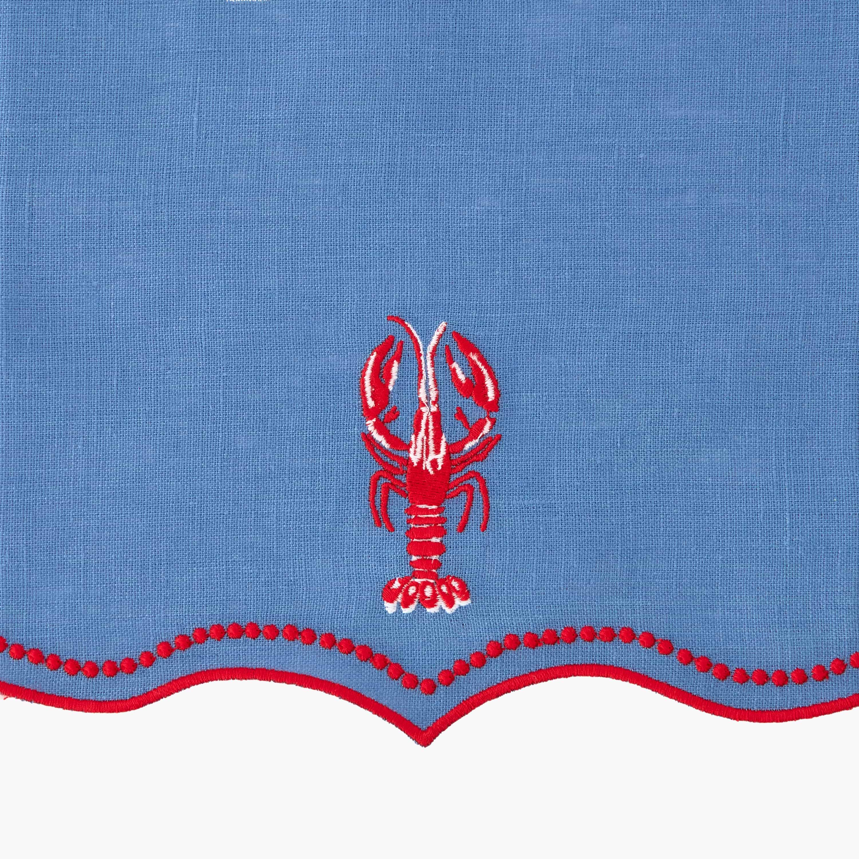 Blue Lobster Embroidered Linen Napkins (Set of 4)
