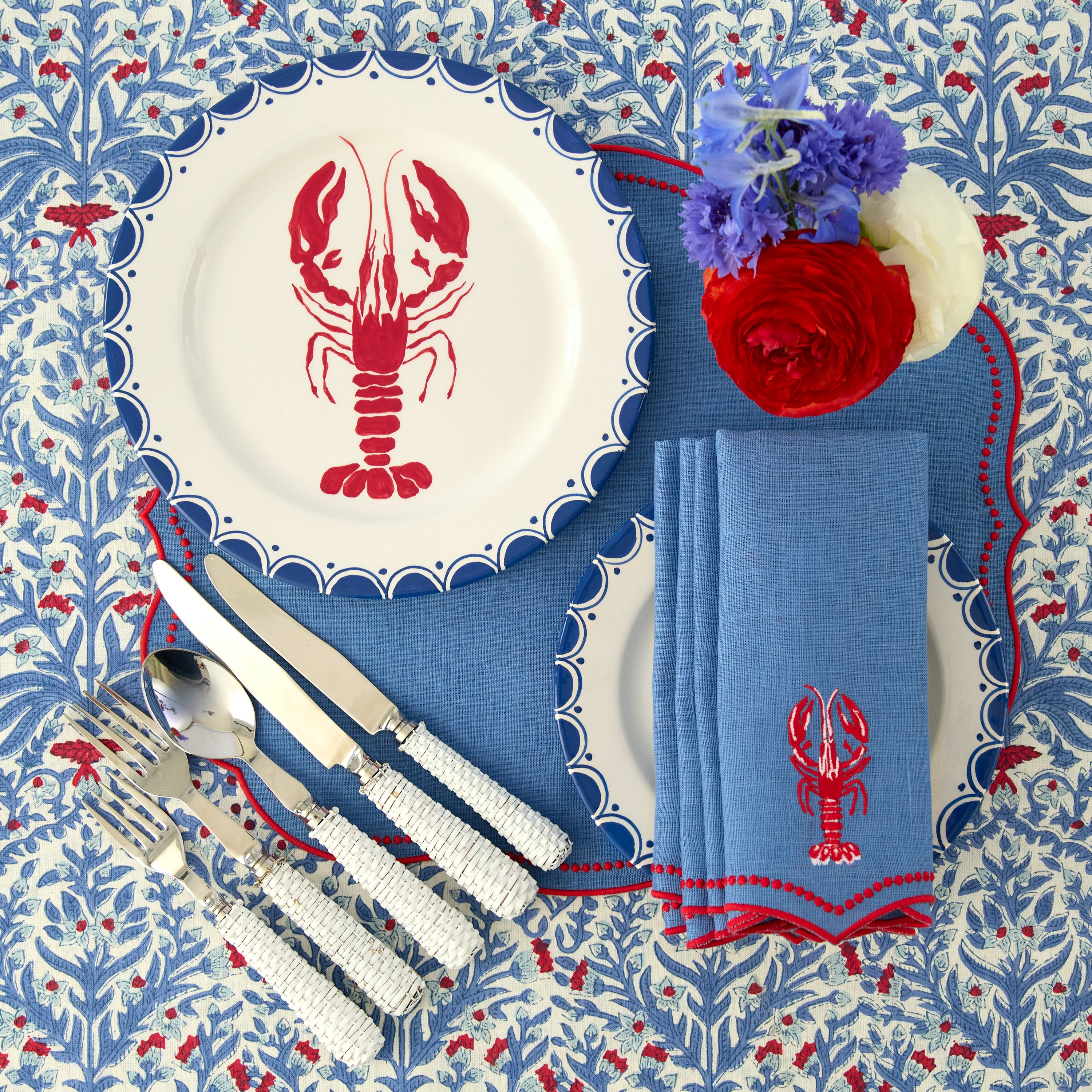 Blue & Red Eloise Linen Placemats & Lobster Napkins (Set of 4)