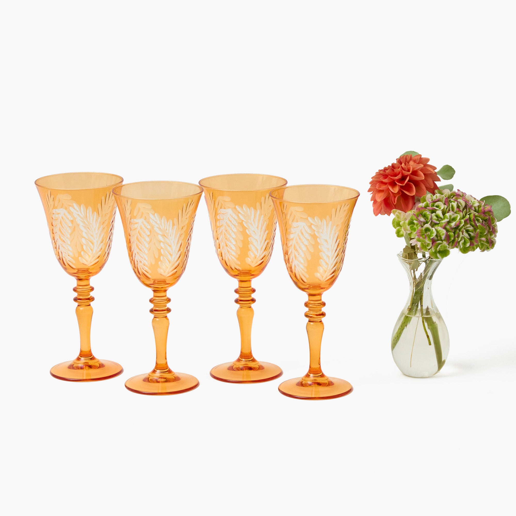 Brigitte Amber Garland Engraved Wine Glasses (Set of 4)