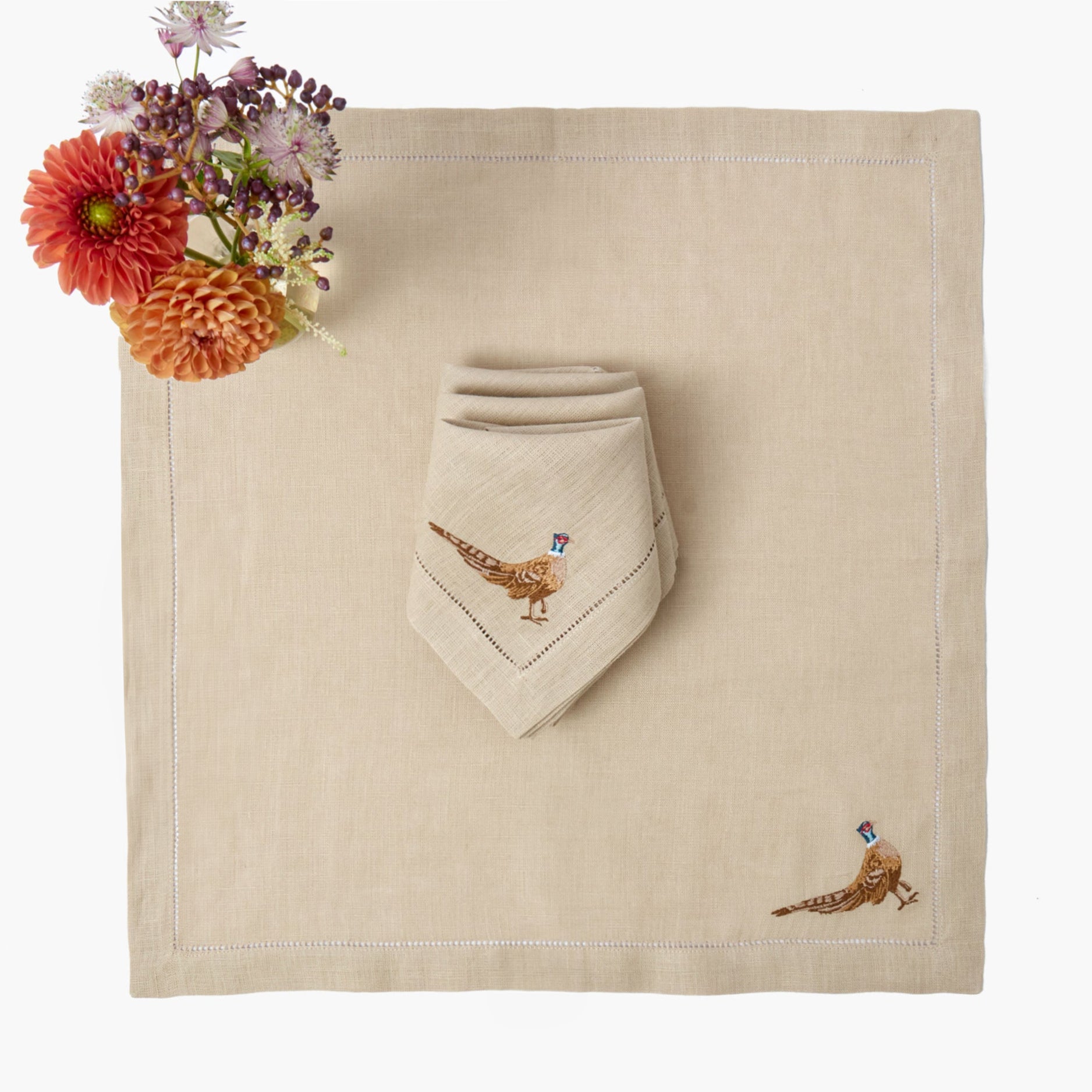 Eloise Taupe & Chocolate Linen Placemats & Pheasant Napkins (Set of 4)