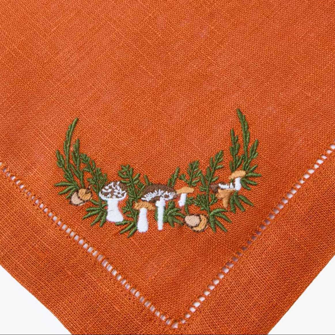 Eloise Orange & Green Linen Placemats & Mushroom Garland Napkins (Set of 4)