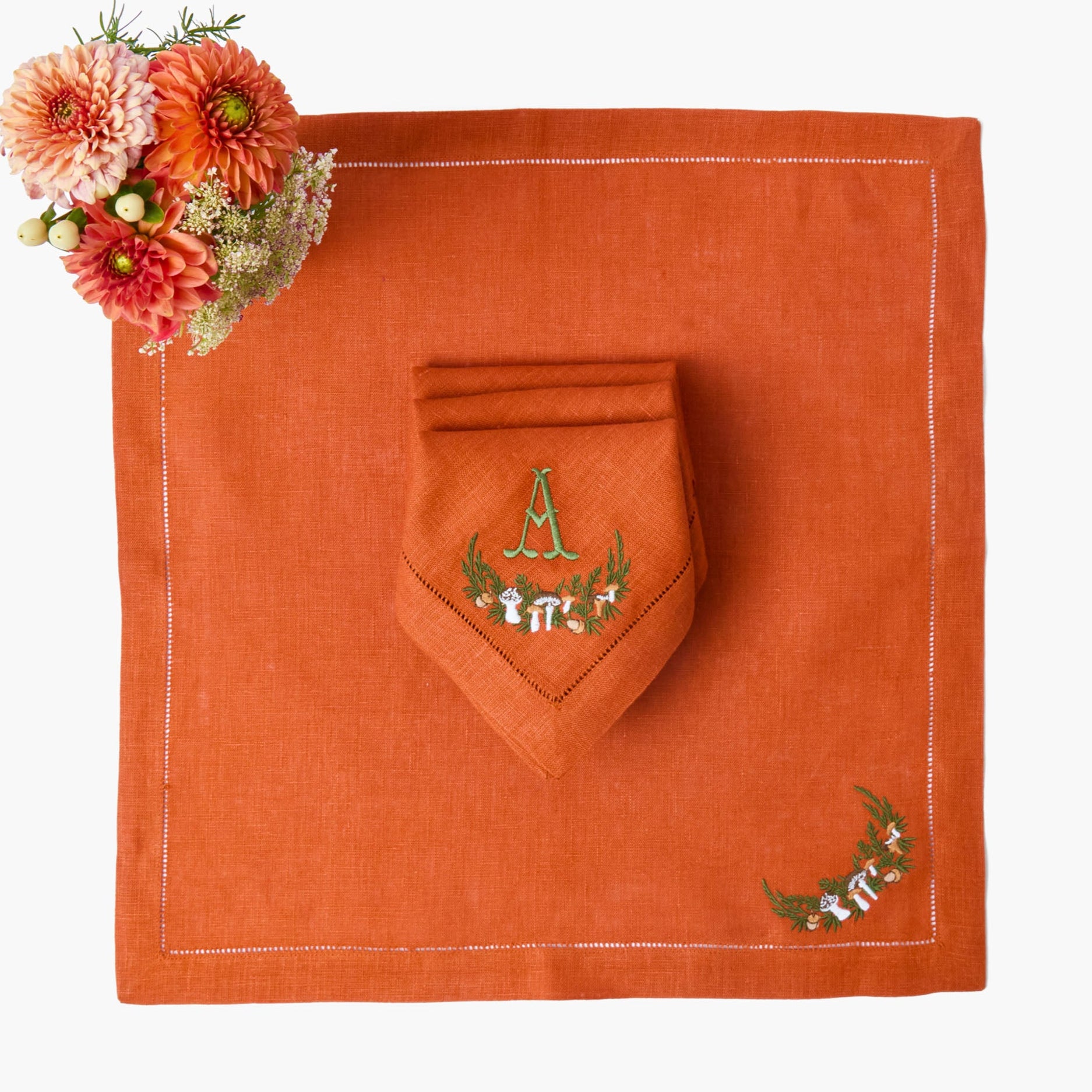 Eloise Orange & Green Linen Placemats & Mushroom Garland Napkins (Set of 4)