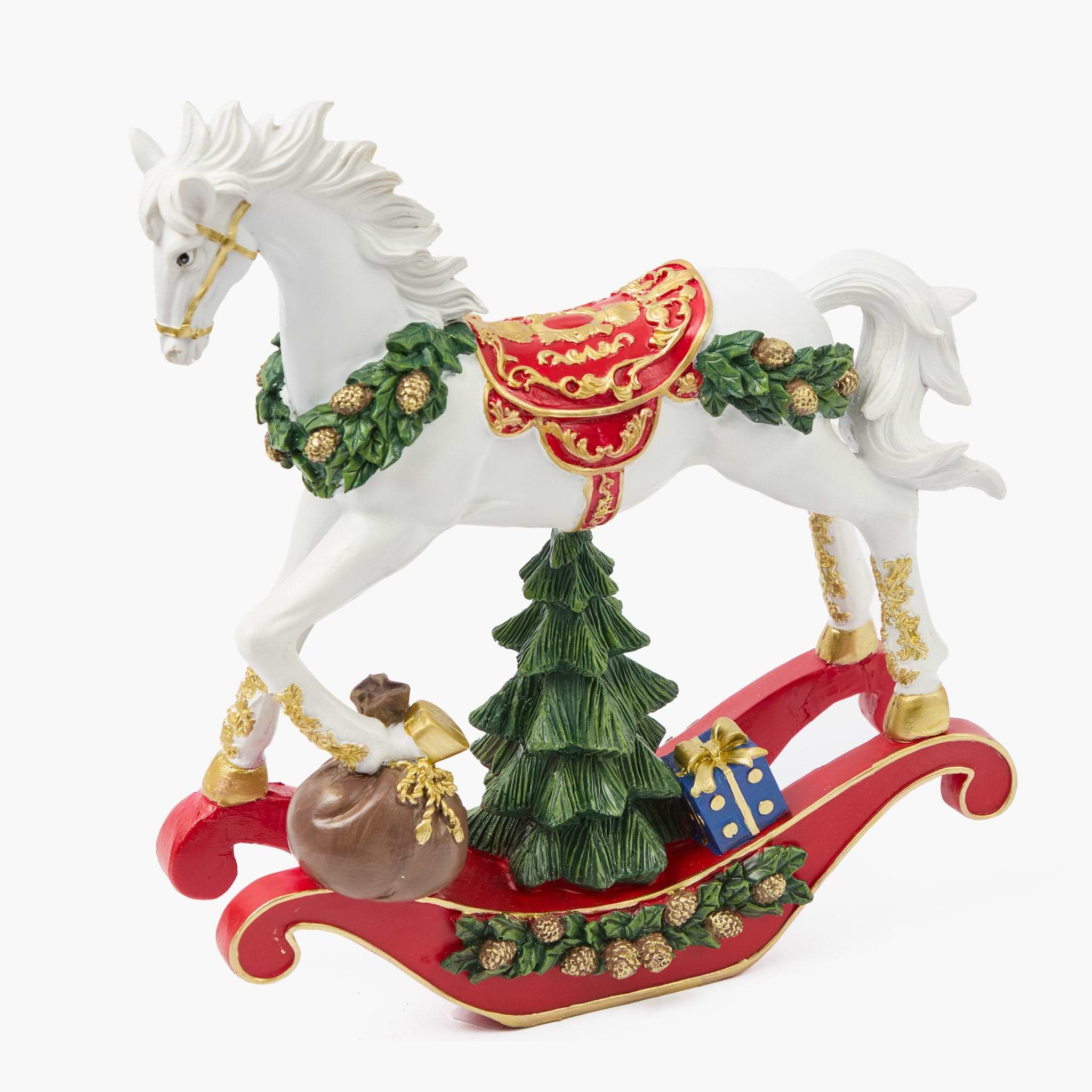 Decorative horse figurine on a sleigh with Christmas tree and presents.