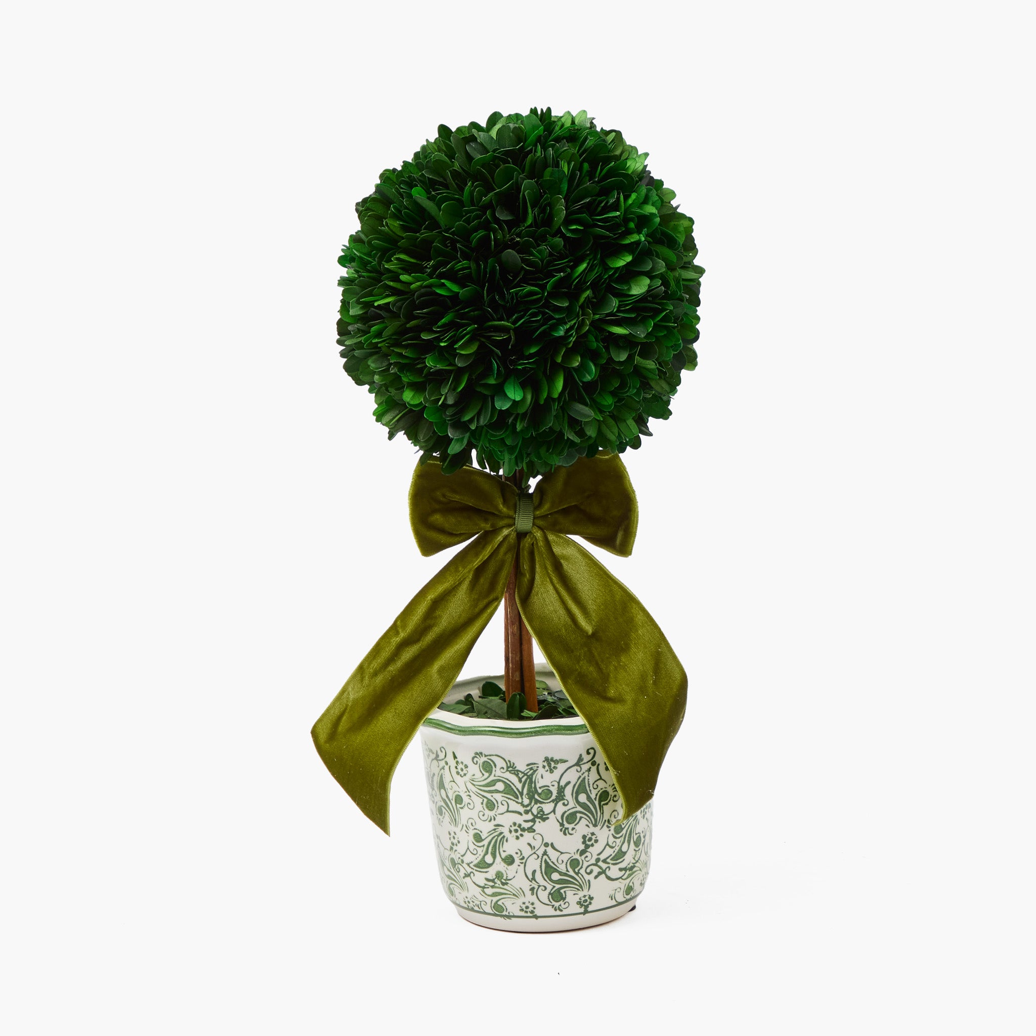 Large Green Ribboned Chinoiserie Potted Boxwood Balls (Pair)
