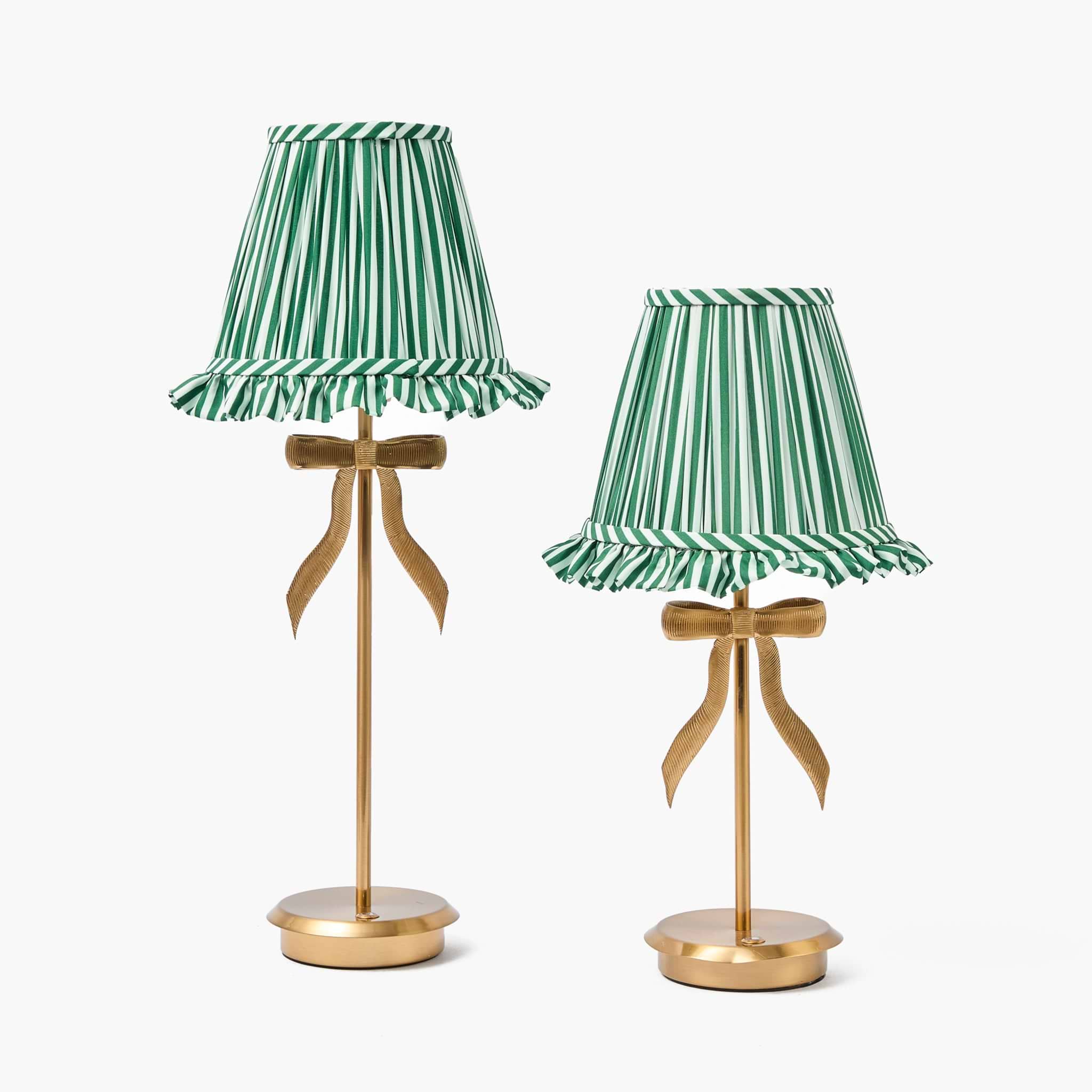 Tall Marilyn Bow Rechargeable Lamp with Forest Green Striped Ruffle Shade (18cm)