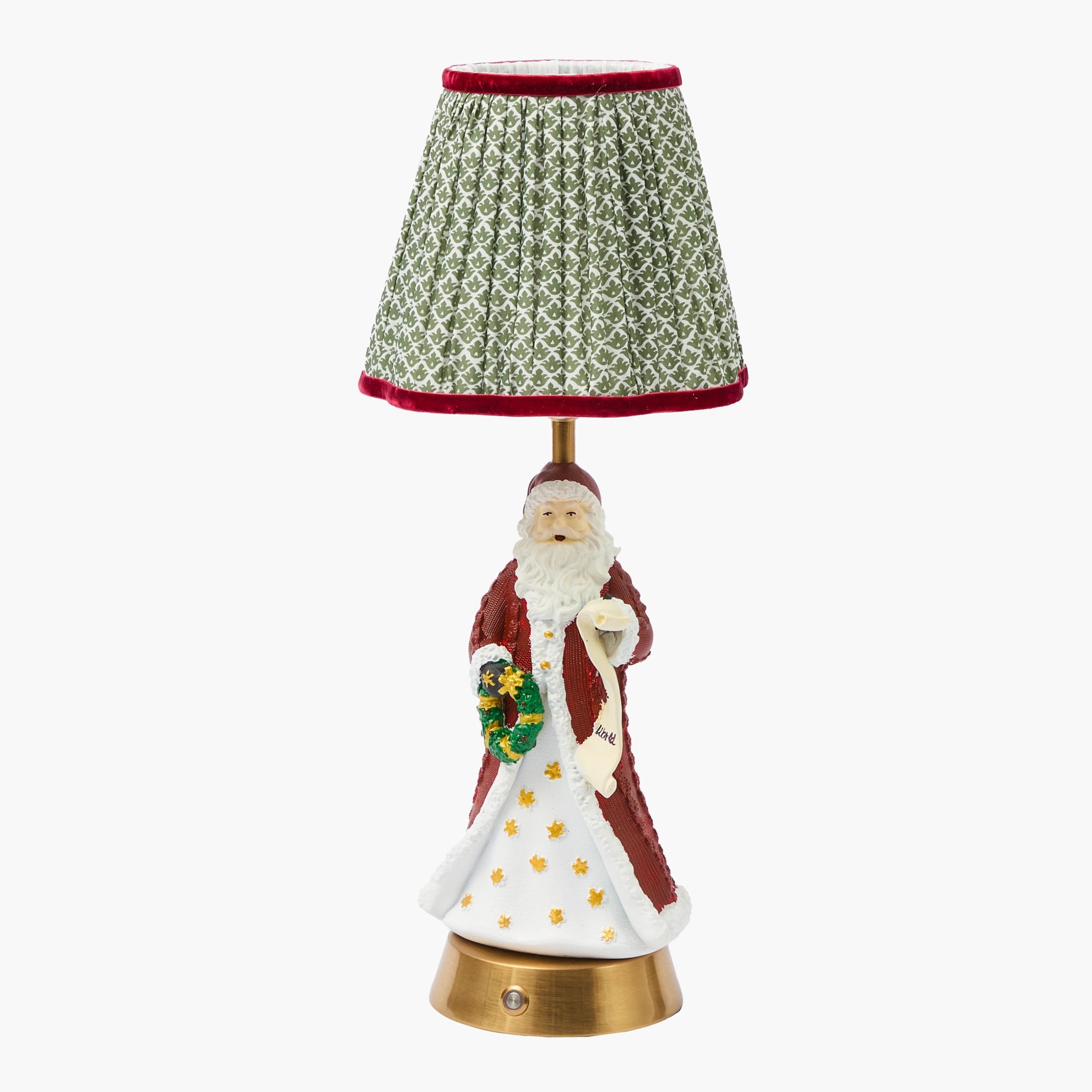 Father Christmas Rechargeable Lamp with Olive & Red Lotus Shade (18cm)