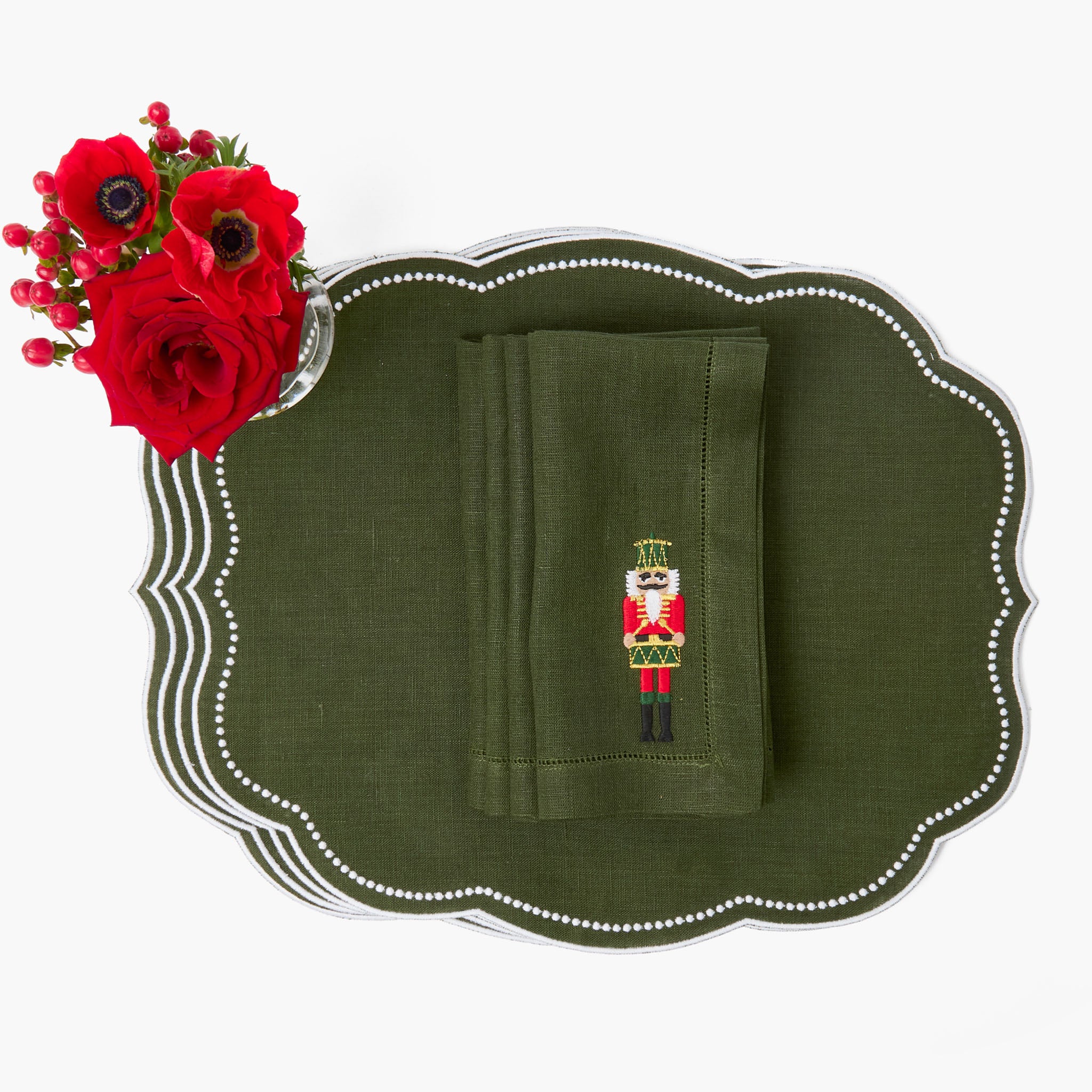 Eloise Forest Green Linen Placemats & Nutcracker Napkins (Set of 4)