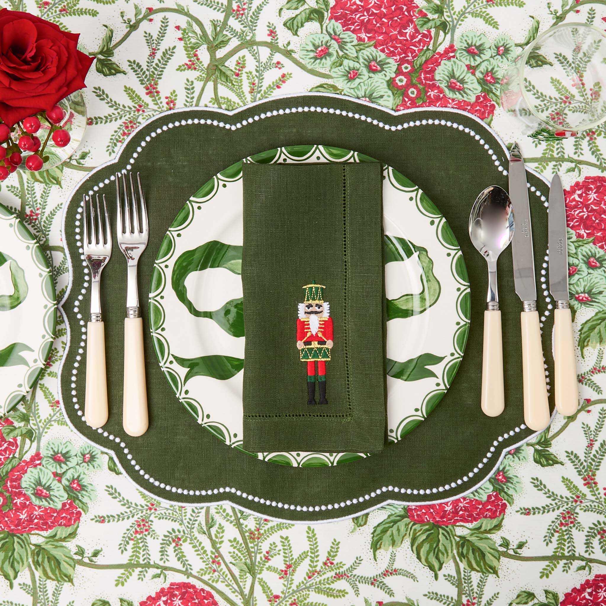 Eloise Forest Green Linen Placemats & Nutcracker Napkins (Set of 4)
