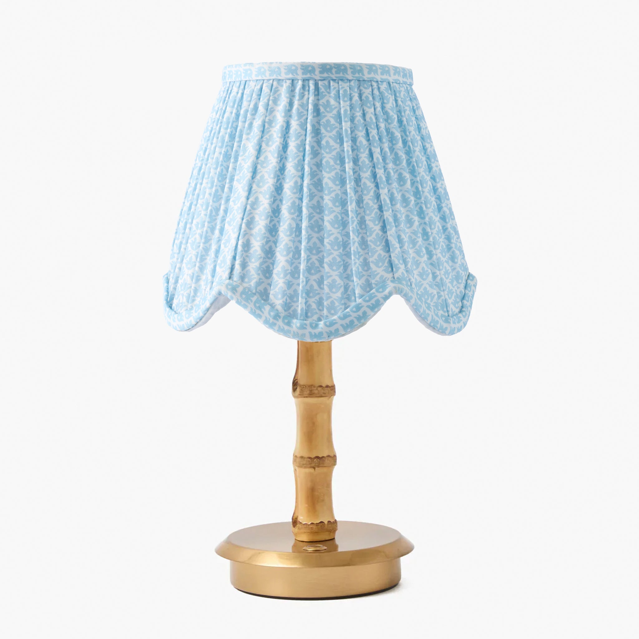 Bamboo Short Rechargeable Lamp with Soft Blue Lotus Deep Scalloped Shade (18cm)