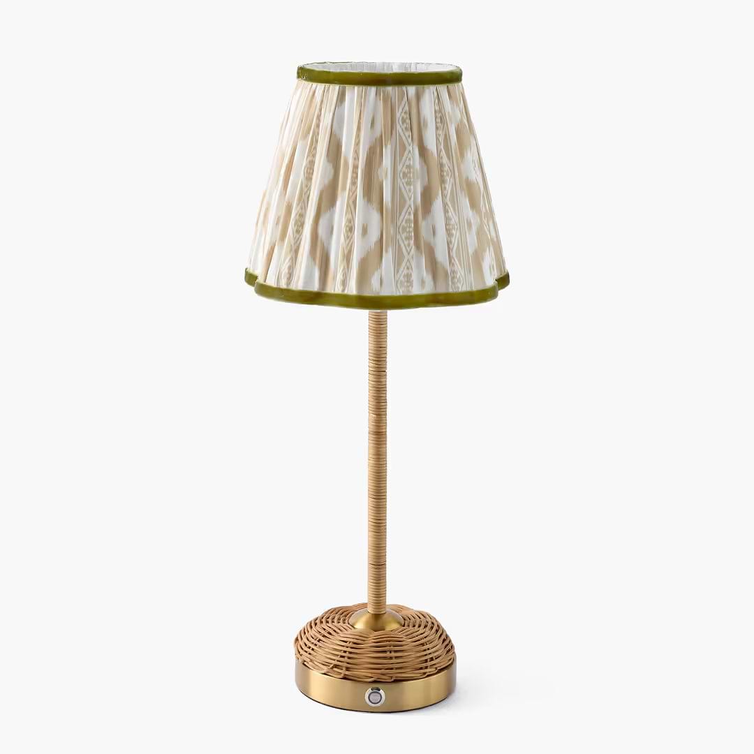 Rattan Ida Rechargeable Lamp with Putty & Green Ikat Shade (18cm)