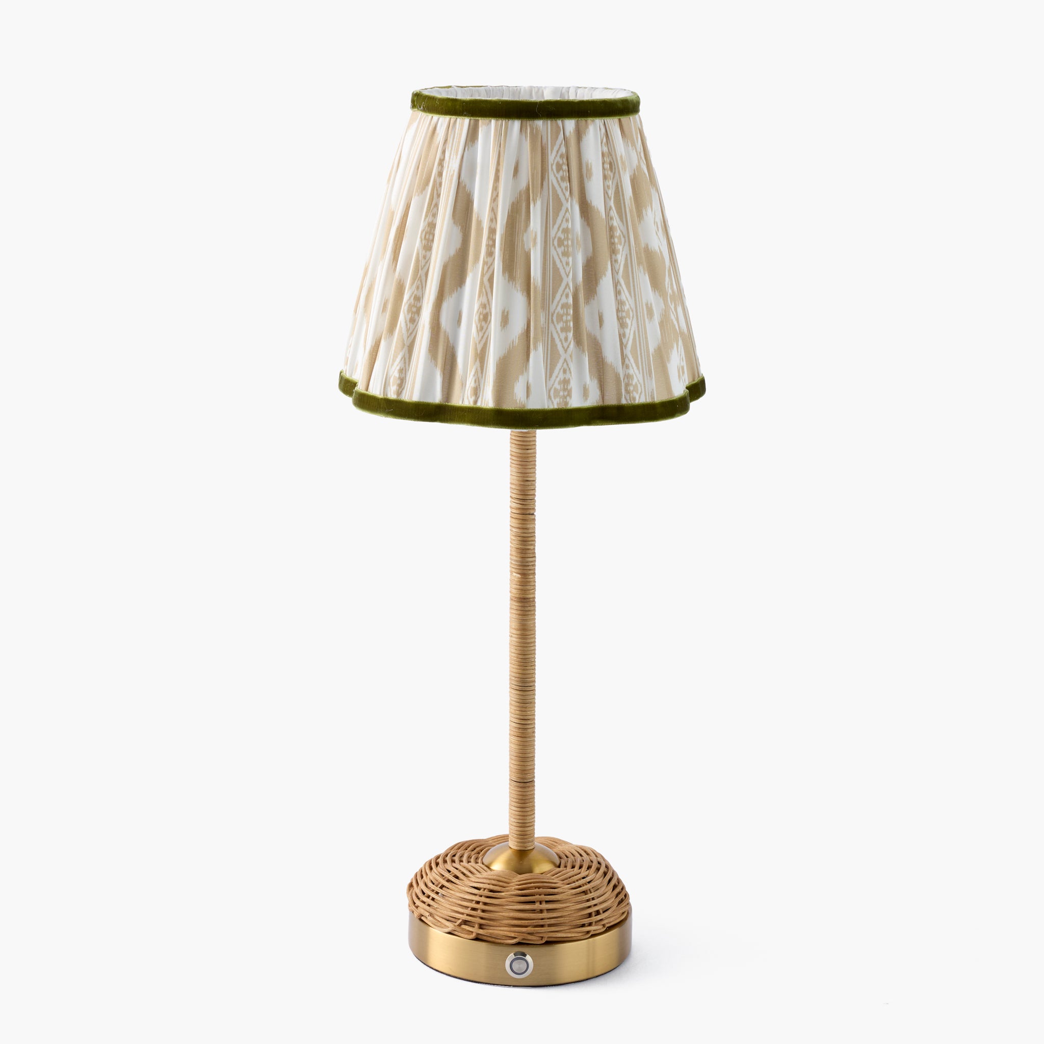 Rattan Ida Rechargeable Lamp with Putty & Green Ikat Shade (18cm)