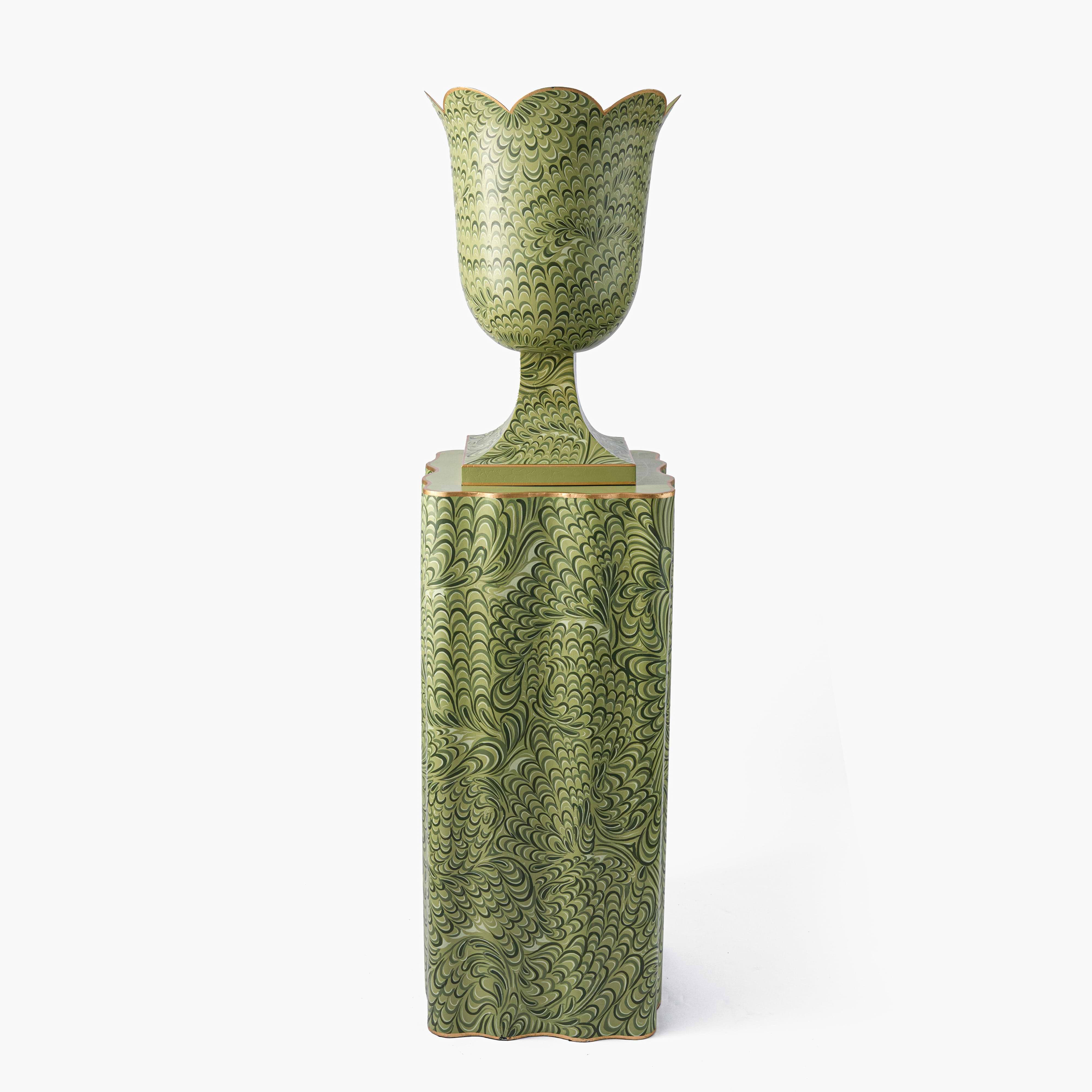 Olive Green Marble Urn & Pedestal