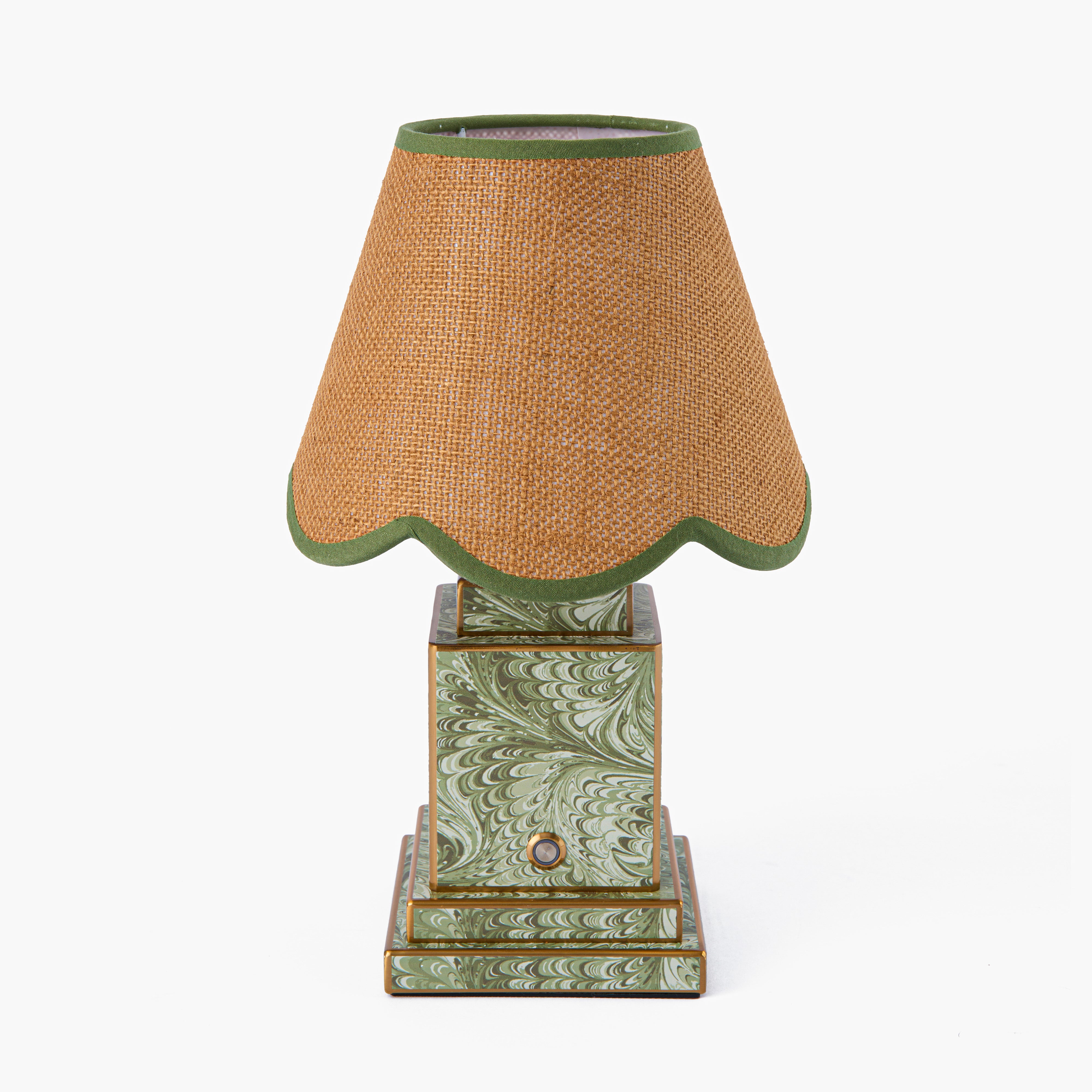 Olive Marble Square Rechargeable Lamp with Tan Grasscloth & Olive Trim Shade (18cm)