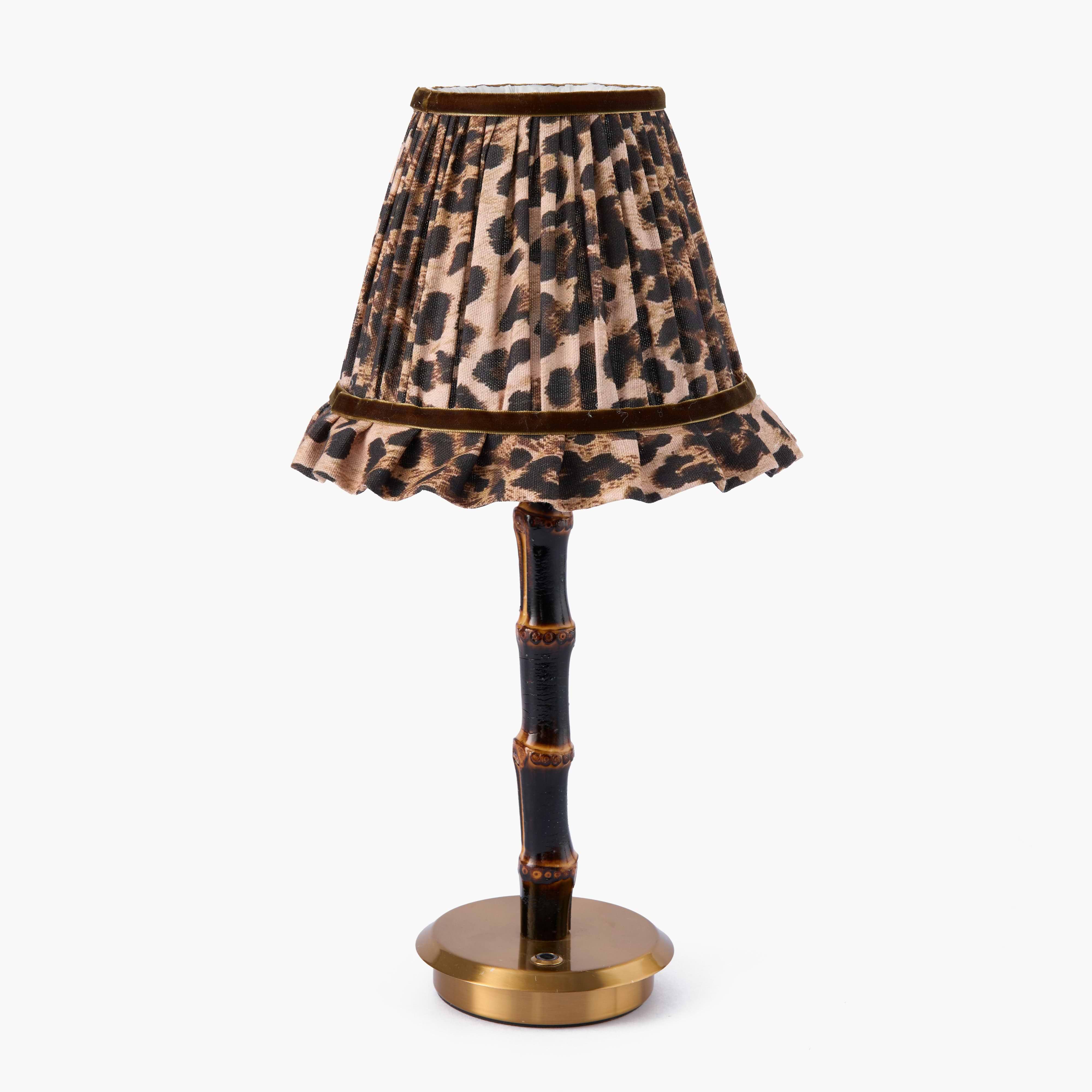 Burnt Bamboo Rechargeable Lamp with Brown Leopard & Velvet Trim Shade (18cm)
