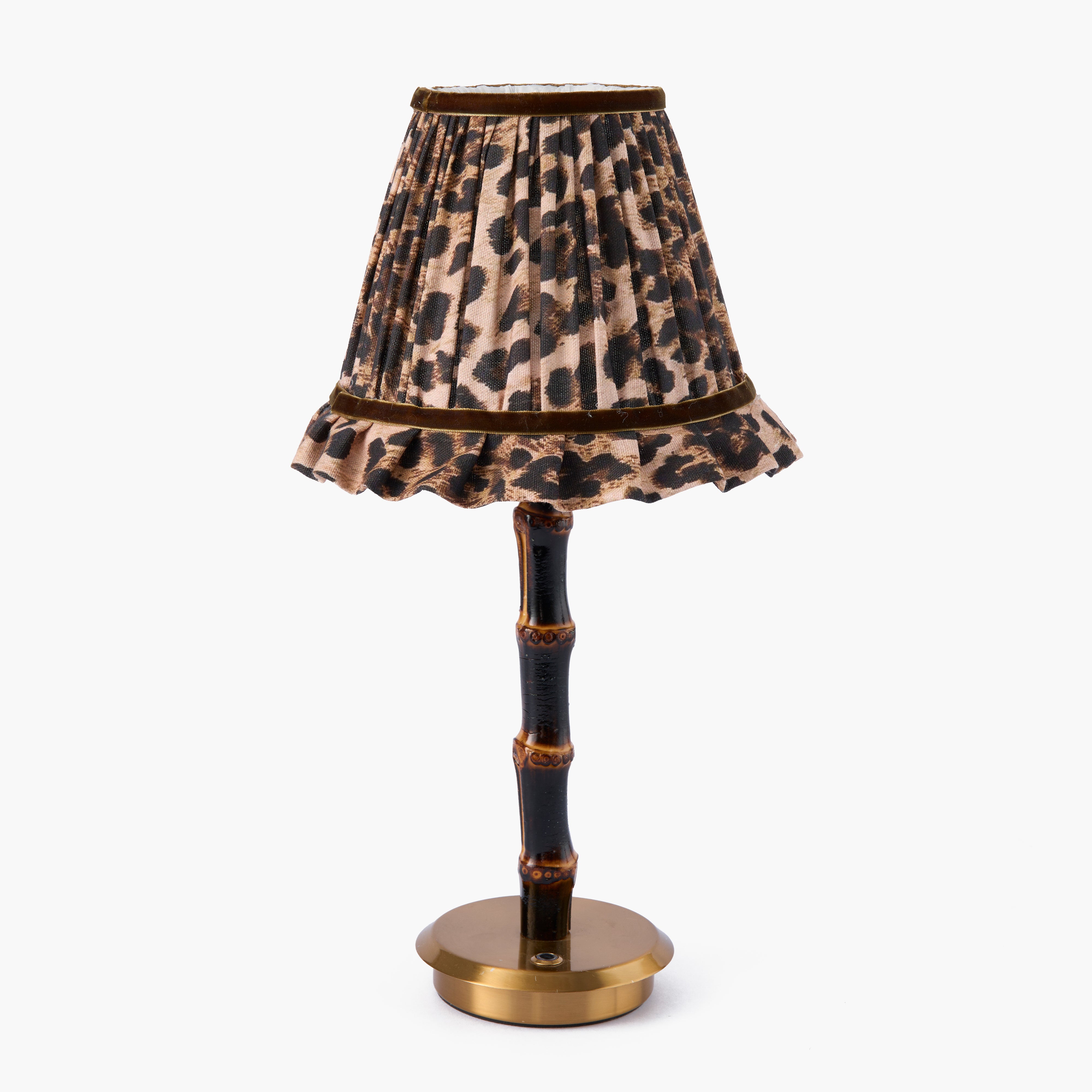 Burnt Bamboo Rechargeable Lamp with Brown Leopard & Velvet Trim Shade (18cm)