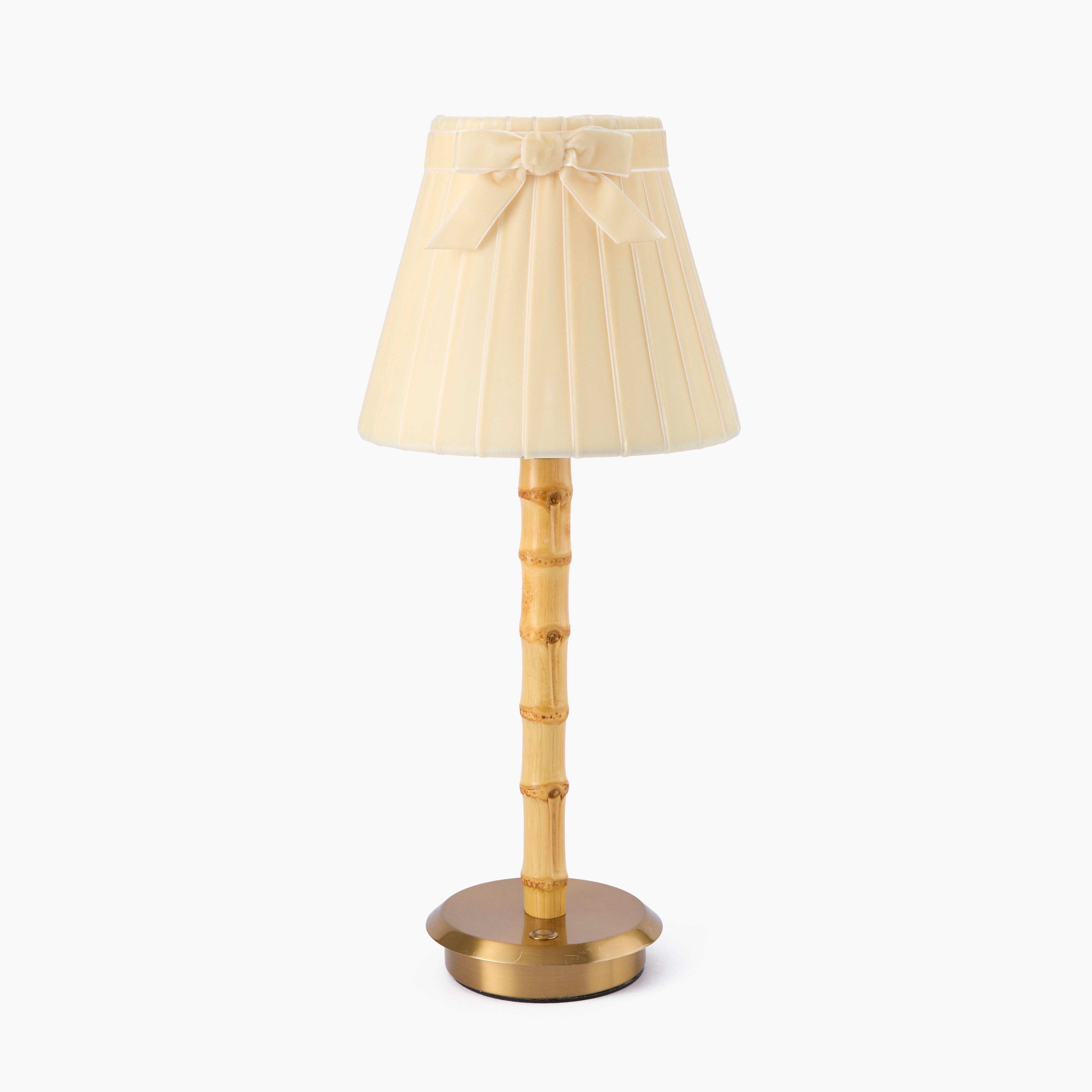 Bamboo Rechargeable Lamp with Cream Velvet Bow Shade (18cm)