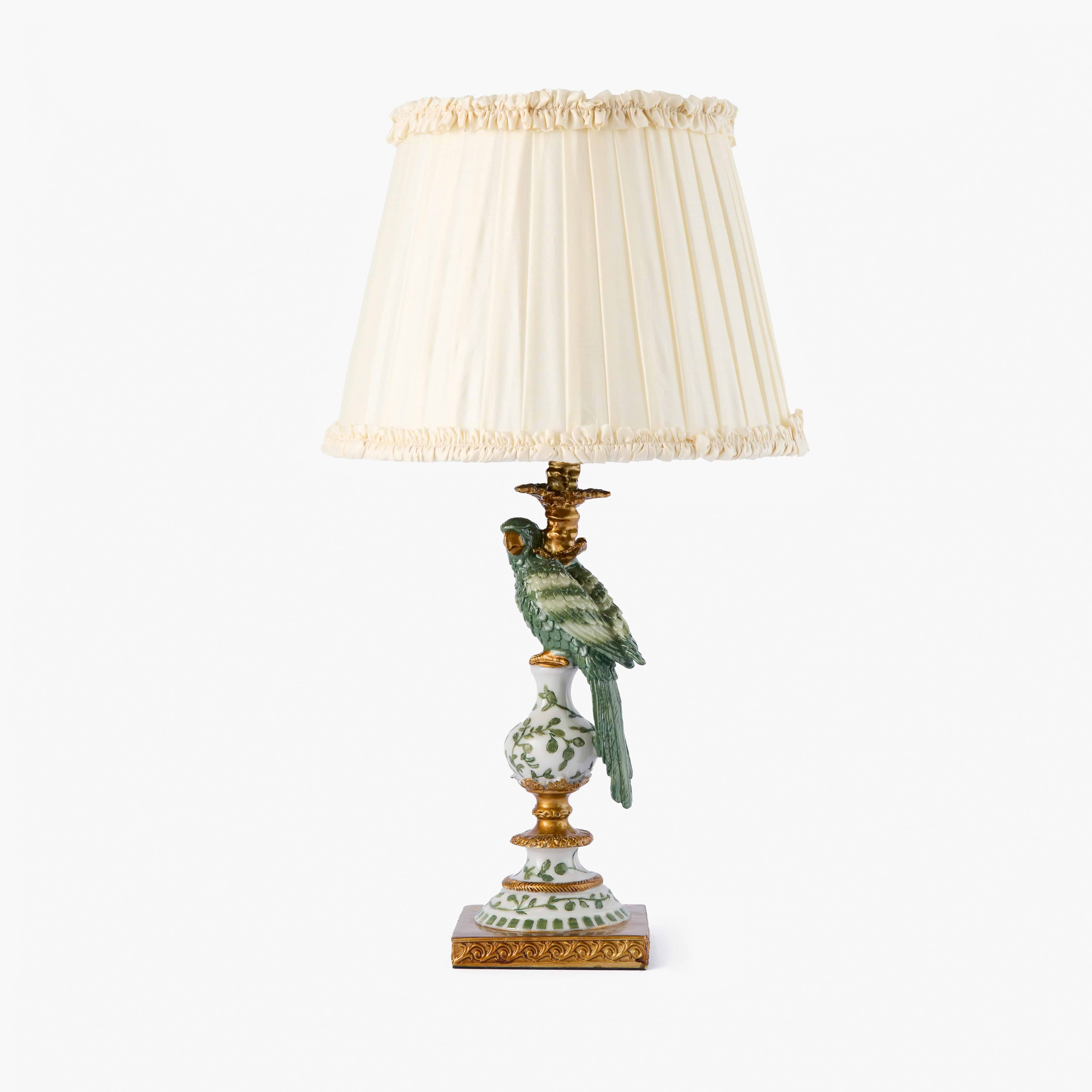 Olive Parrot Lamp with Cream Frilled Silk Shade (30cm)