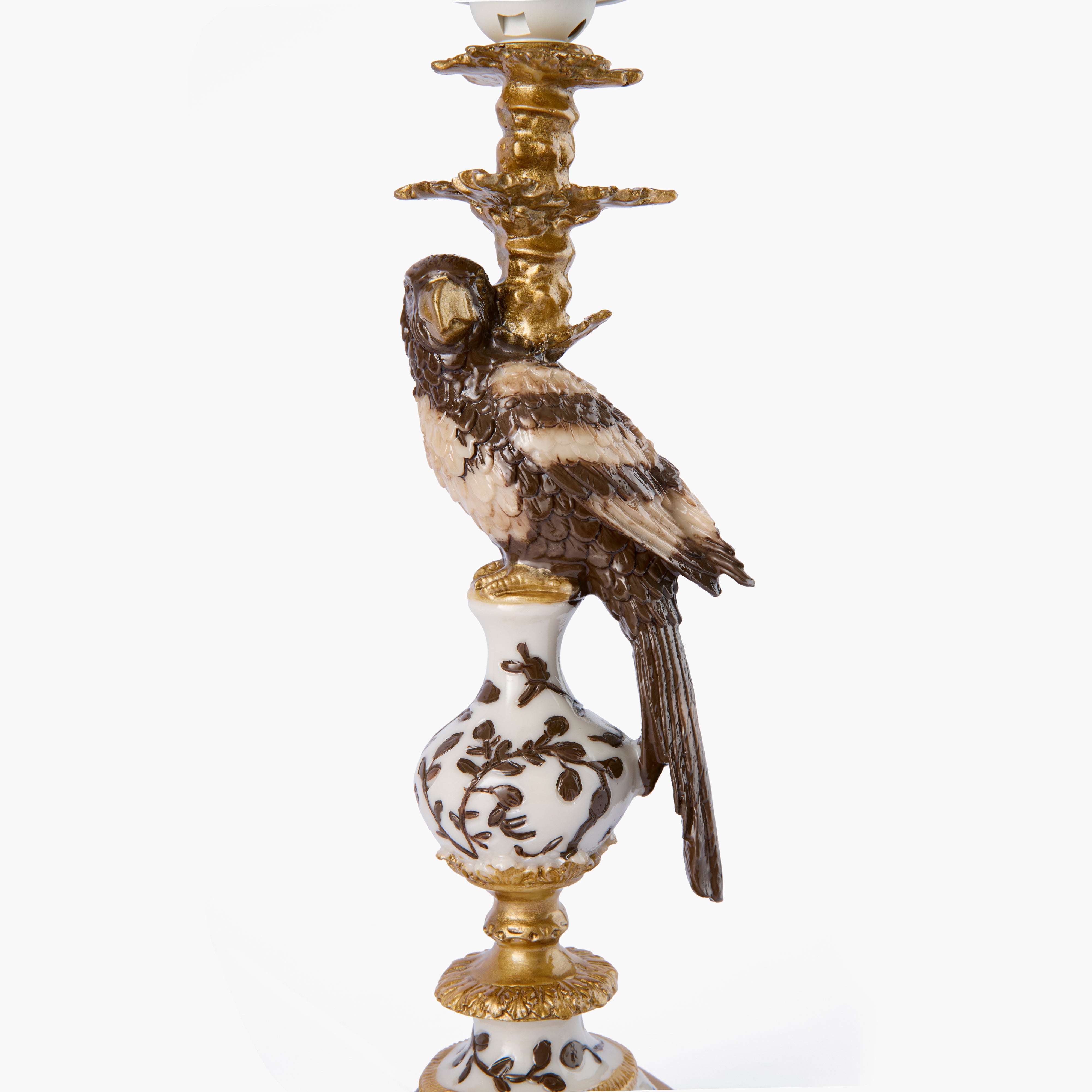 Chocolate Parrot Lamp with Cream Frilled Silk Shade (30cm)