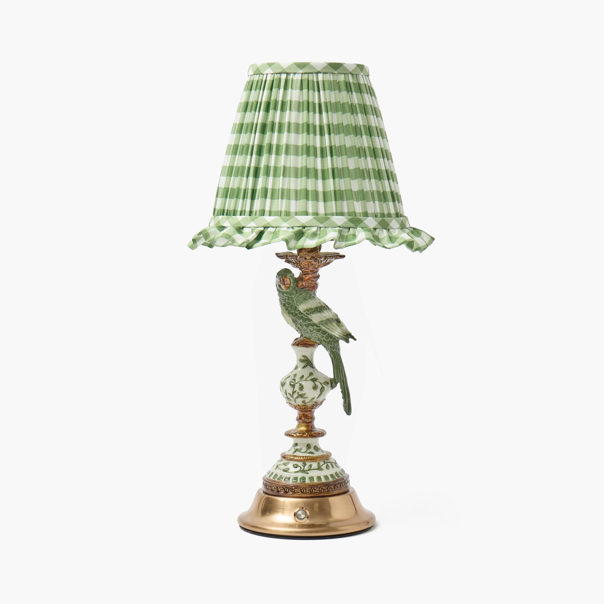 Olive Parrot Rechargeable Lamp with Olive Gingham Ruffle Shade (18cm)