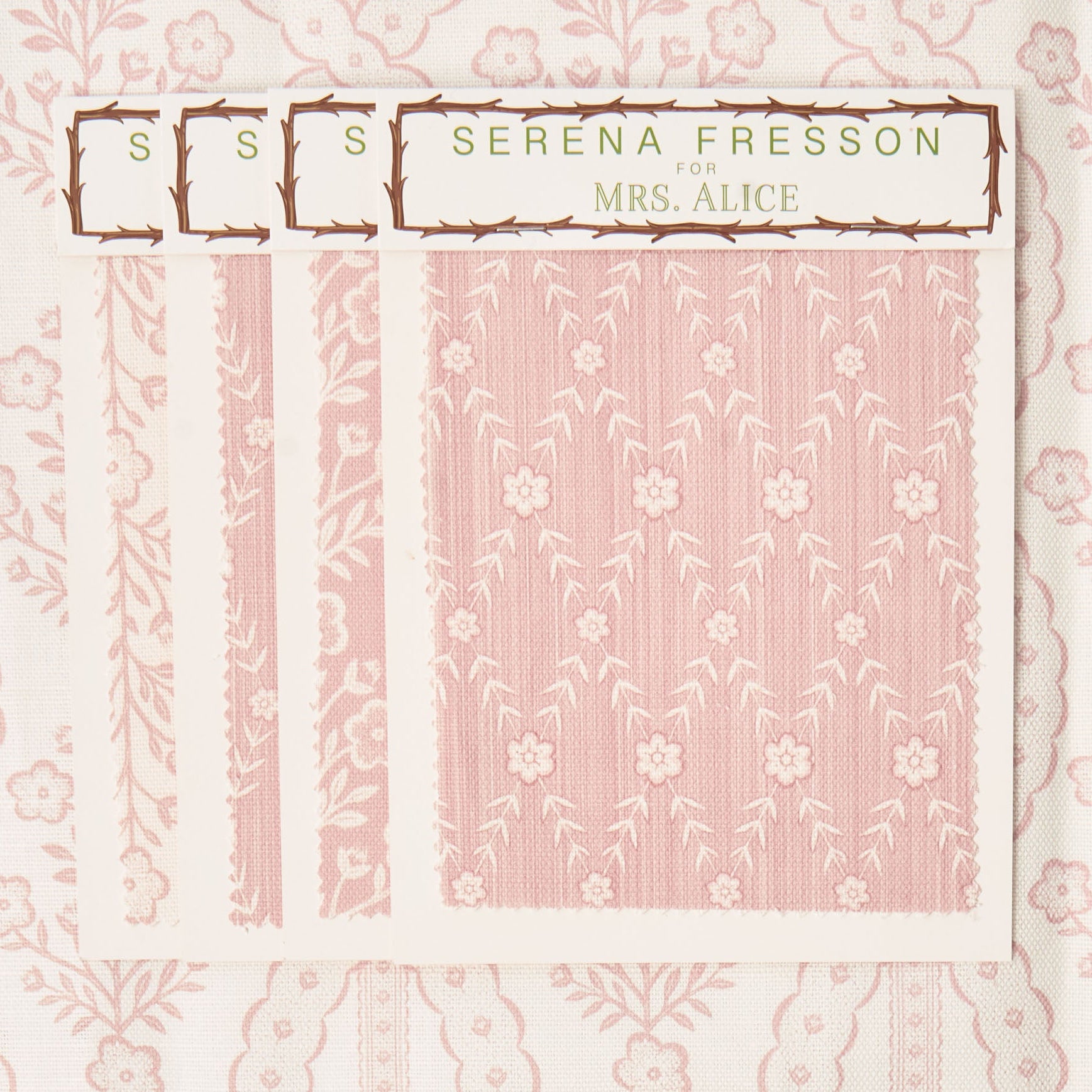 Product packaging with floral pattern and text on a matching background