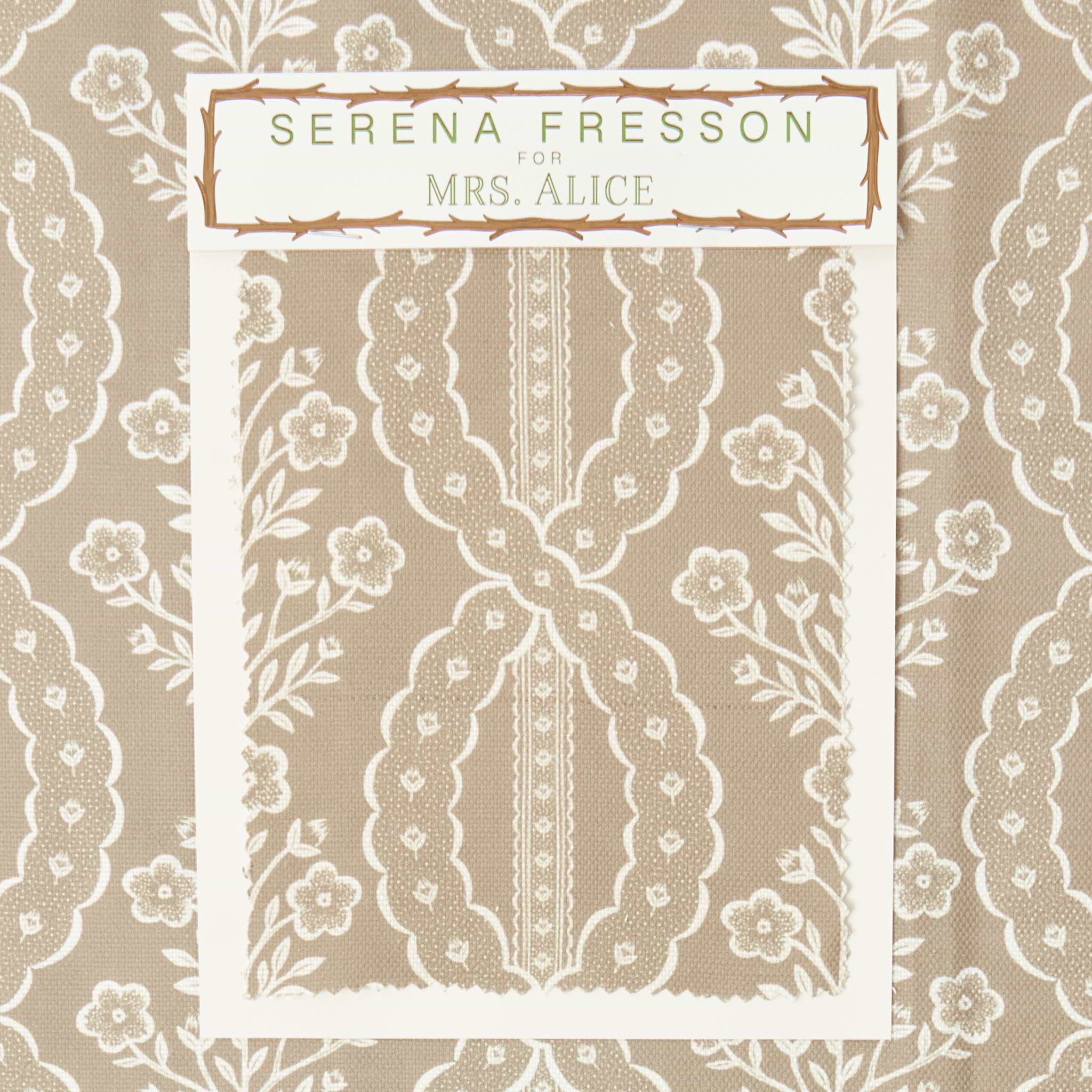 Lace pattern with 'Serena Fresson for Mrs. Alice' text on a beige background