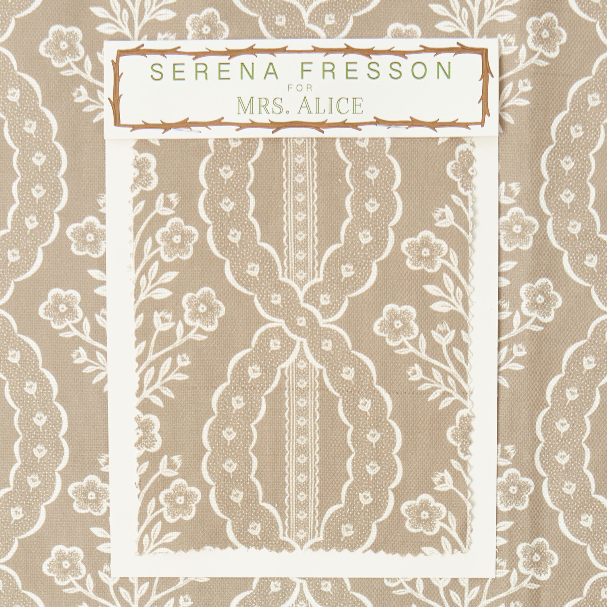 Lace pattern with 'Serena Fresson for Mrs. Alice' text on a beige background