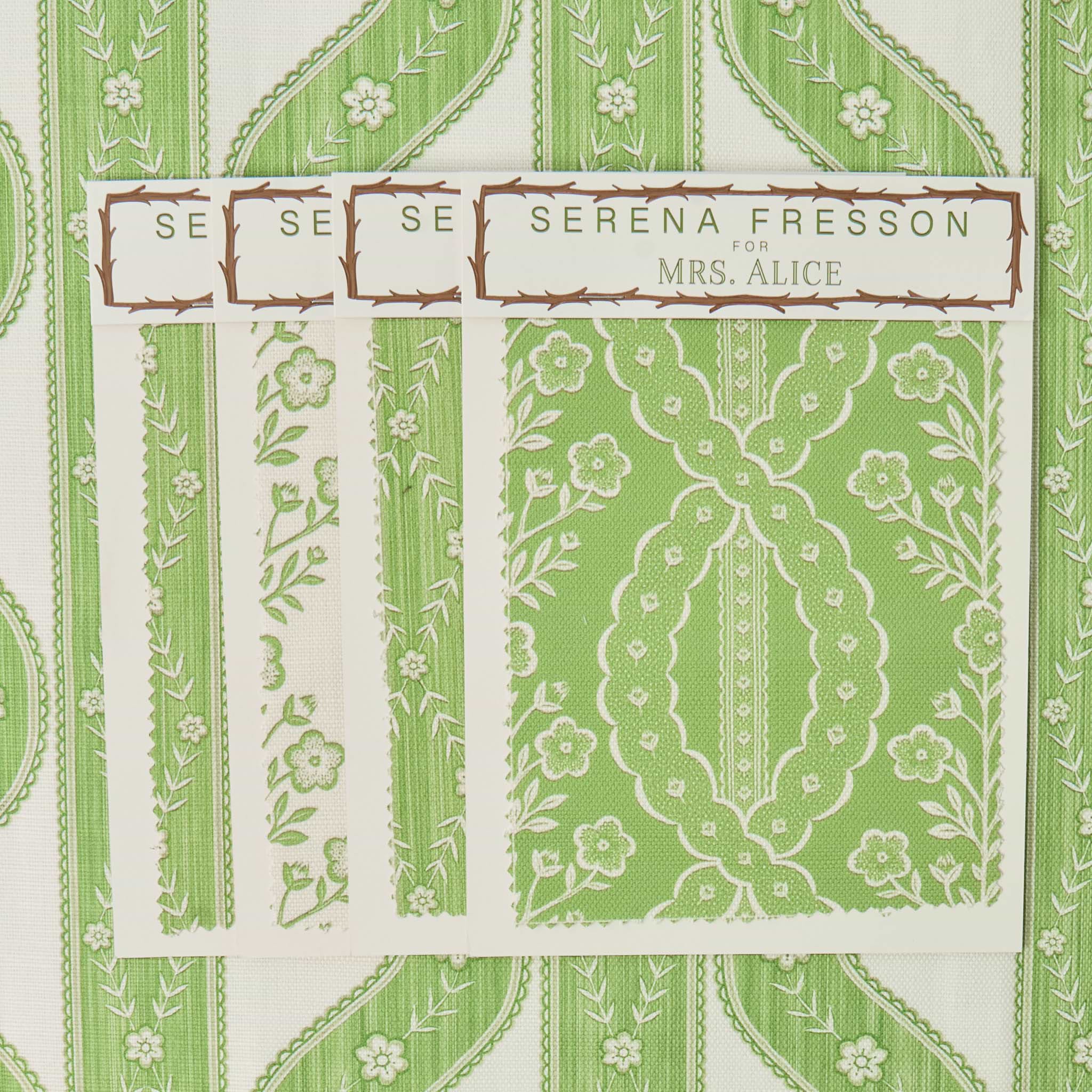 Green and white patterned fabric with 'Serena Fresson' branding
