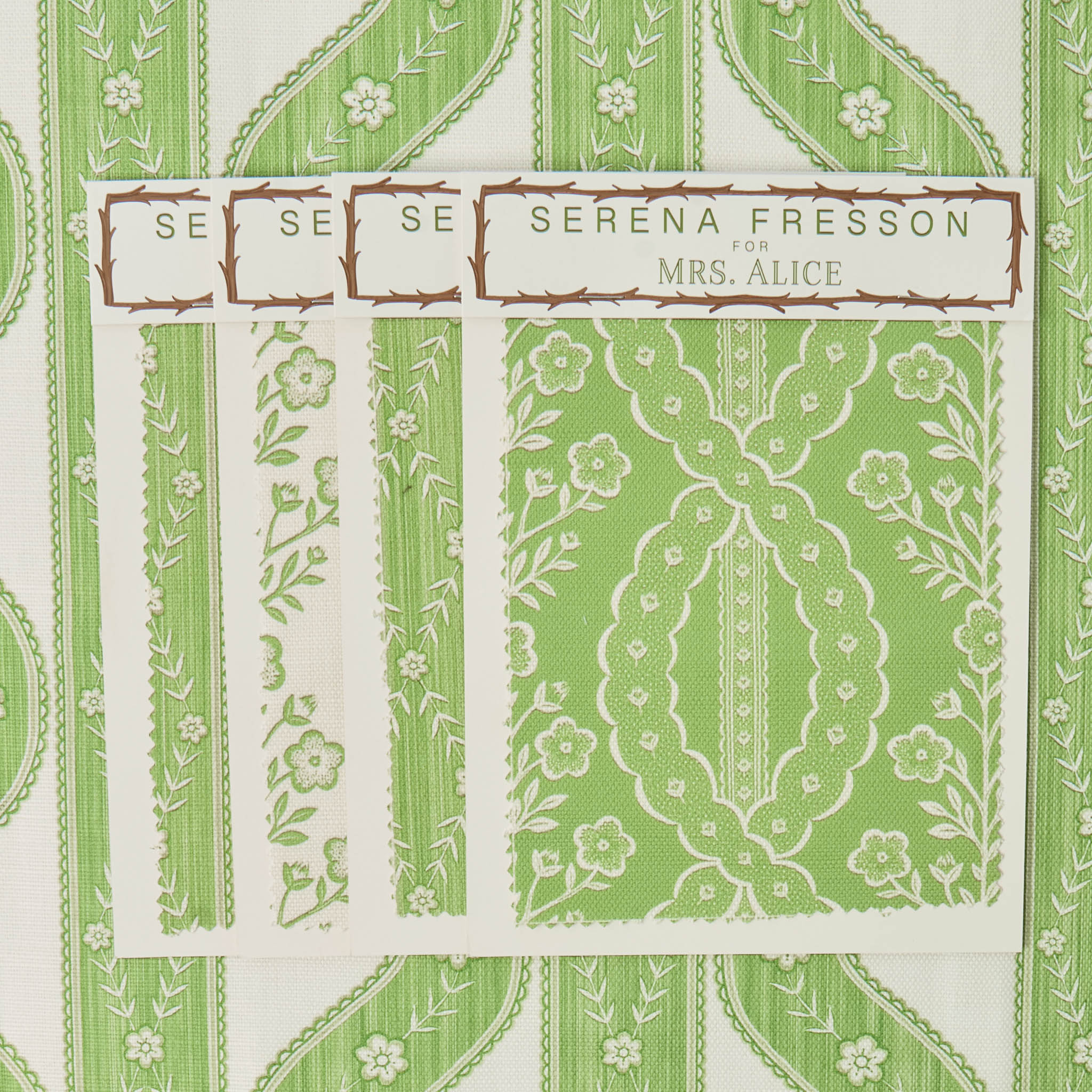 Green and white patterned fabric with 'Serena Fresson' branding