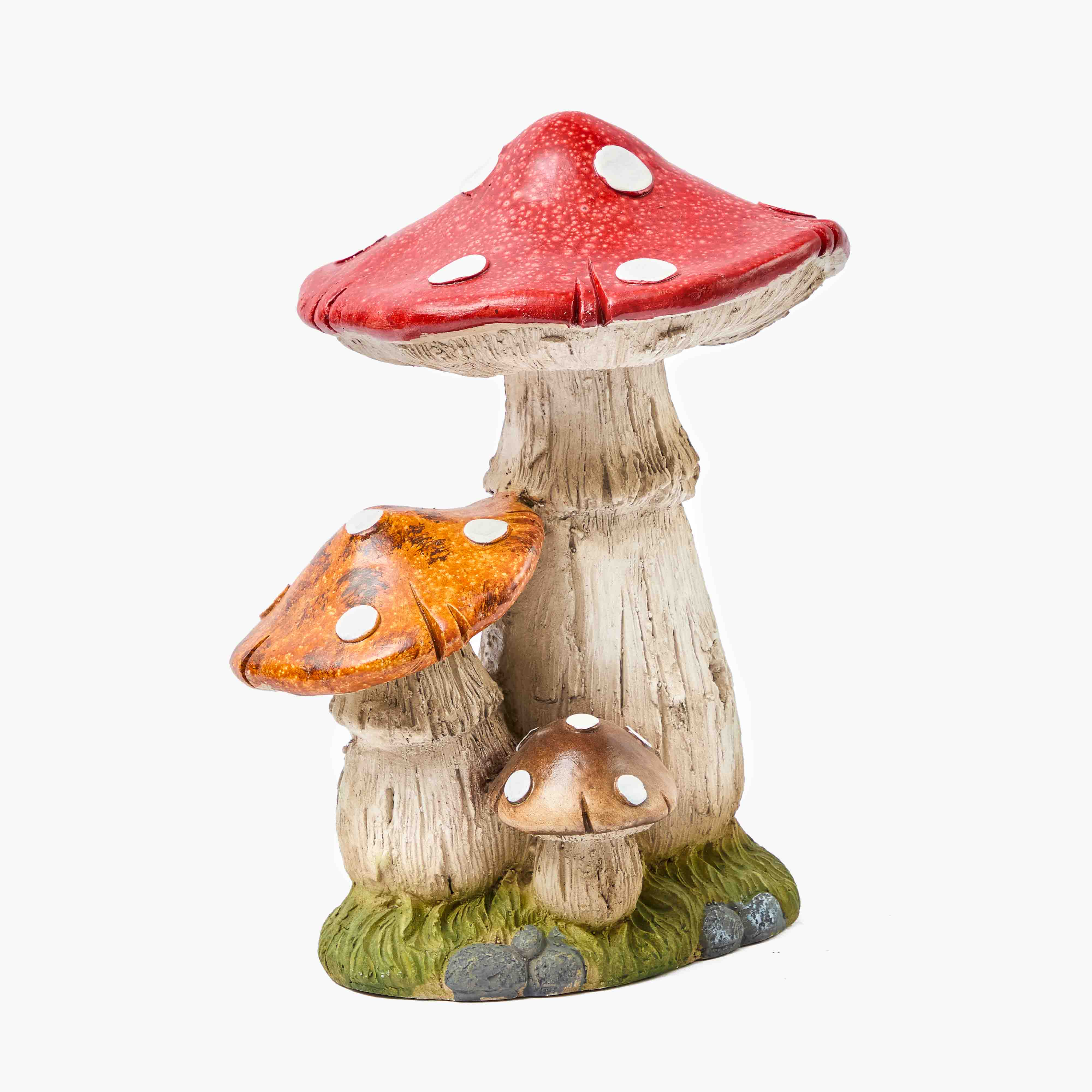 Decorative mushroom figurine with red cap and orange stem on a white background