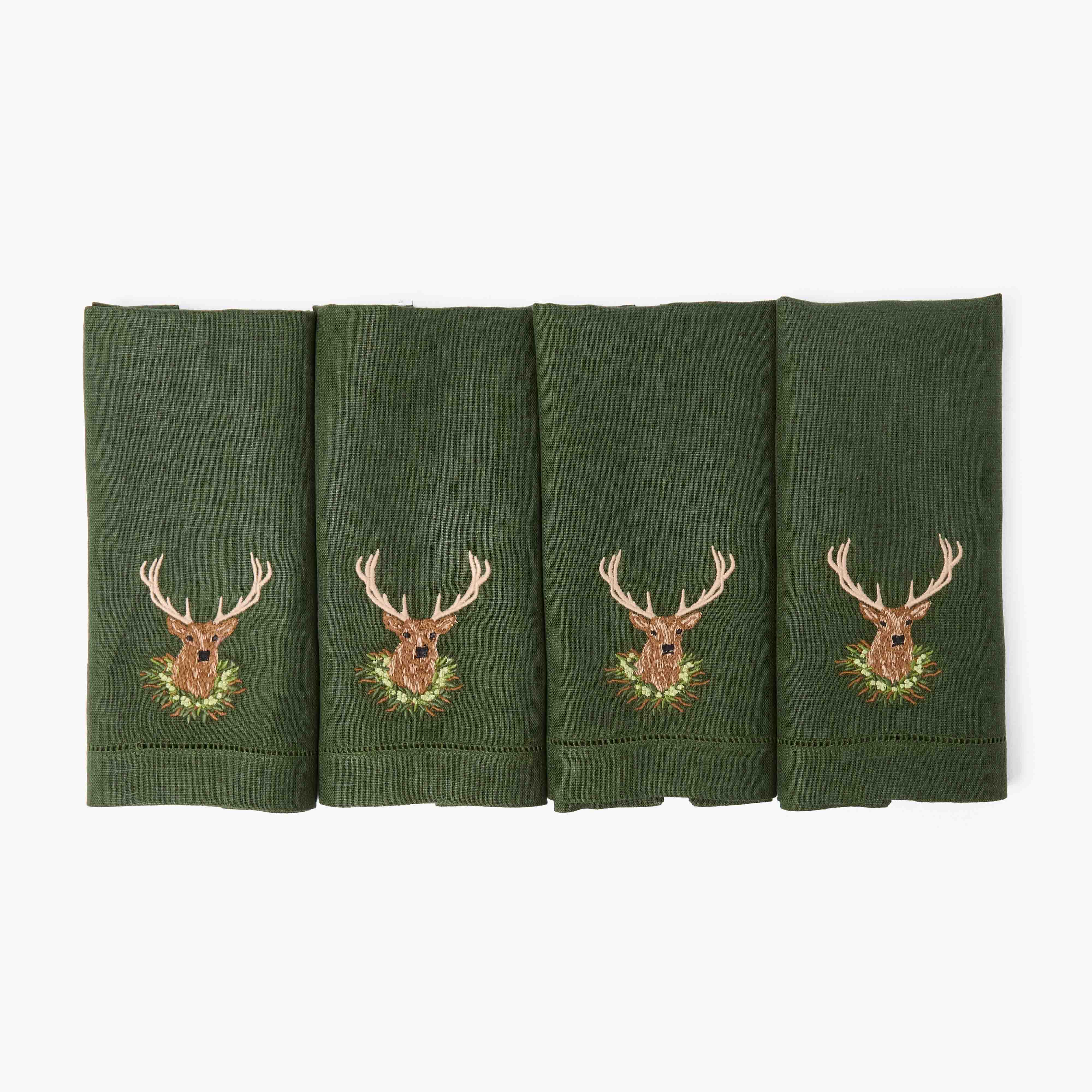 Forest Green Linen Embroidered Stag Napkins (Set of 4)