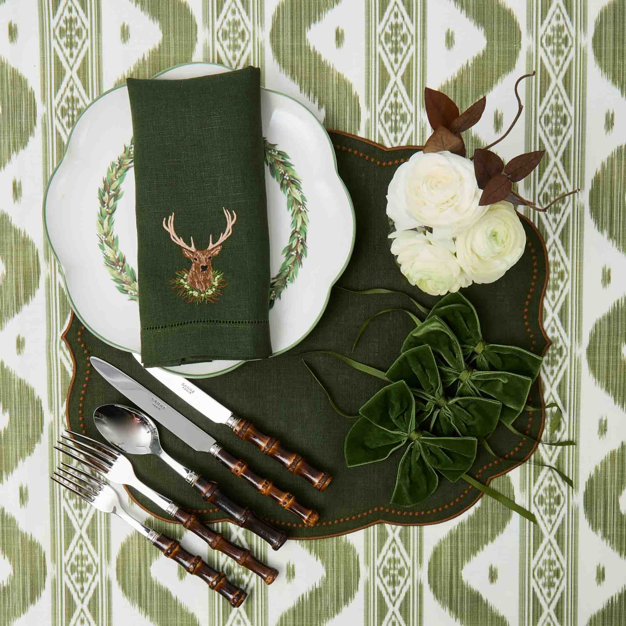 Forest Green Linen Embroidered Stag Napkins (Set of 4)