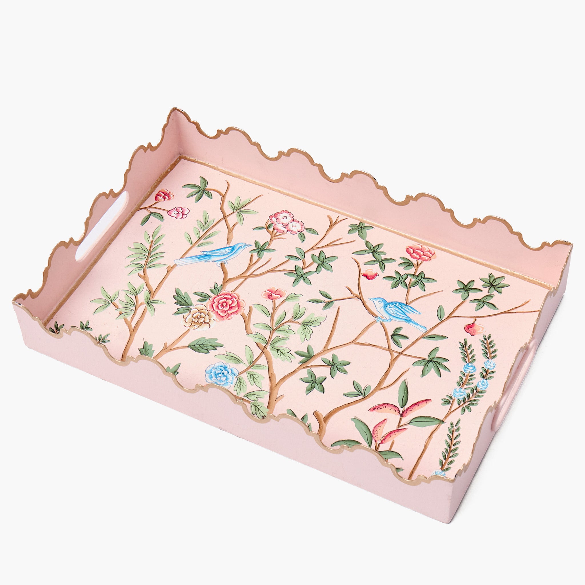 Decorative tray with floral and bird design on a white background