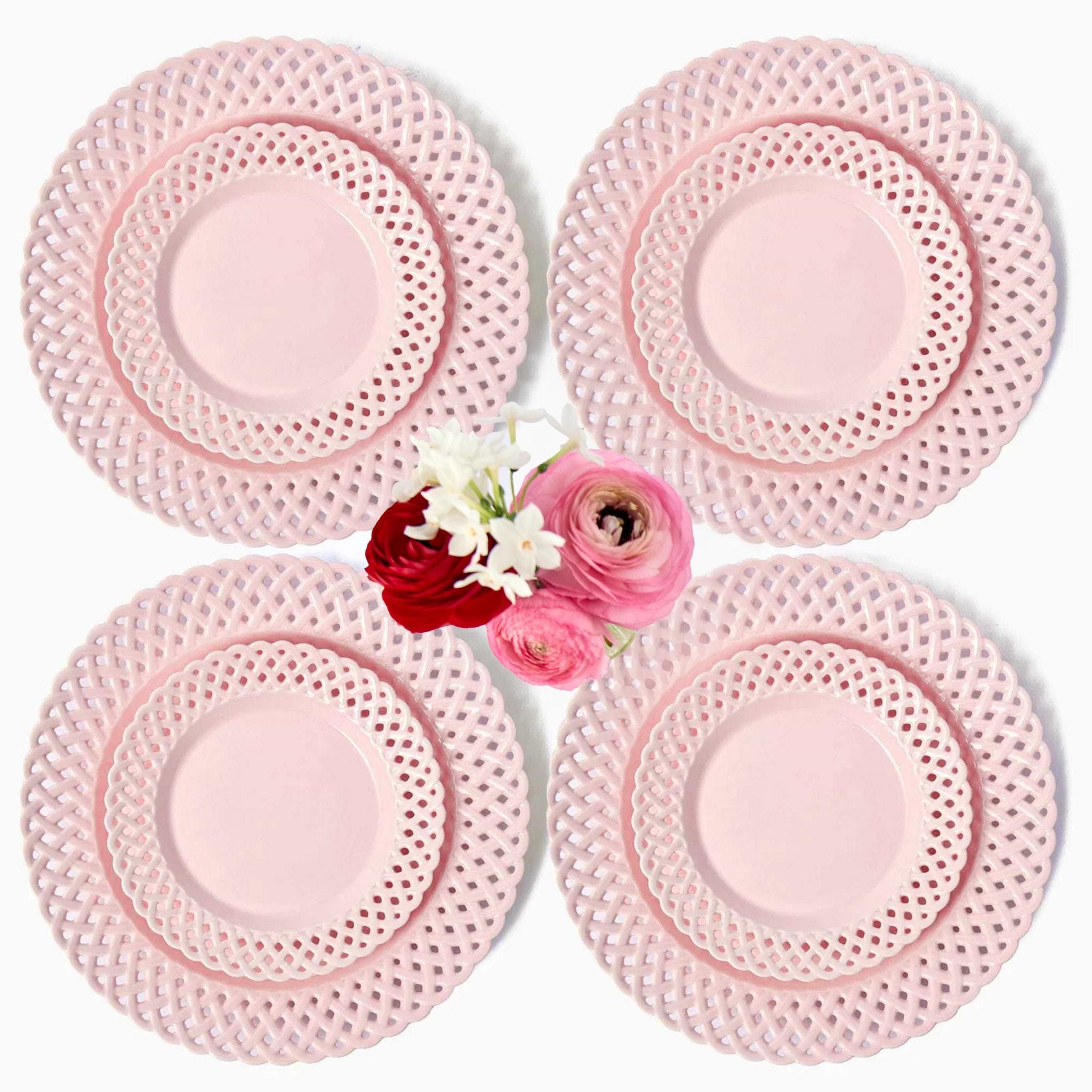 Pink Basketweave Dinner & Starter Plates (Set of 8)