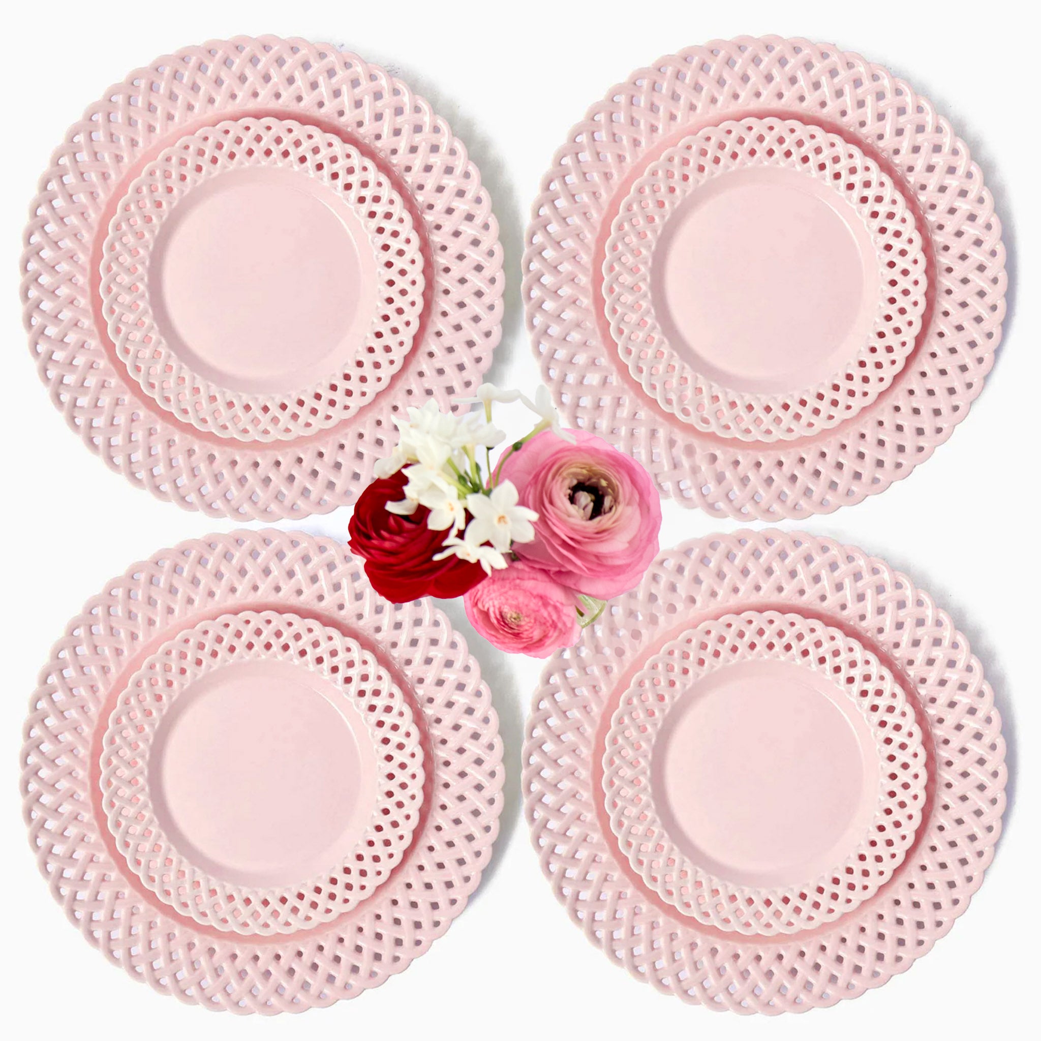 Pink Basketweave Dinner & Starter Plates (Set of 8)