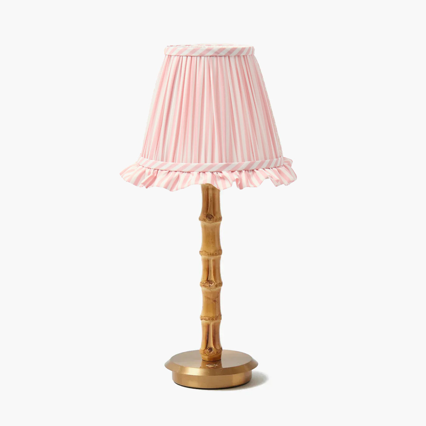 Bamboo Rechargeable Lamp with Pink Stripe Ruffle Shade (18cm)
