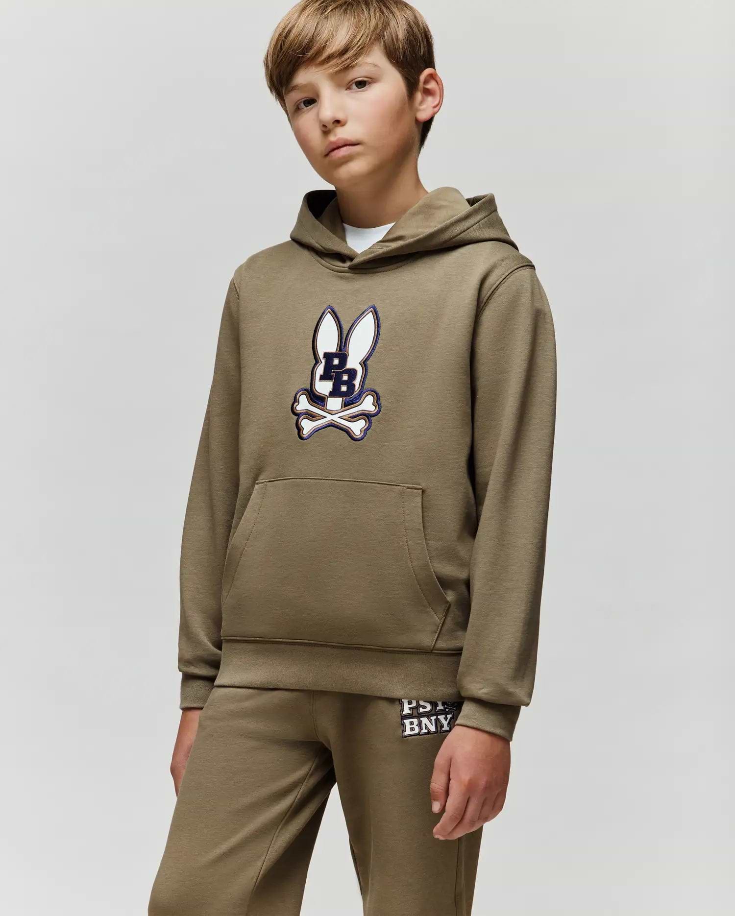 Kids' Wade Cord Patch Hoodie in Green | Psycho Bunny
