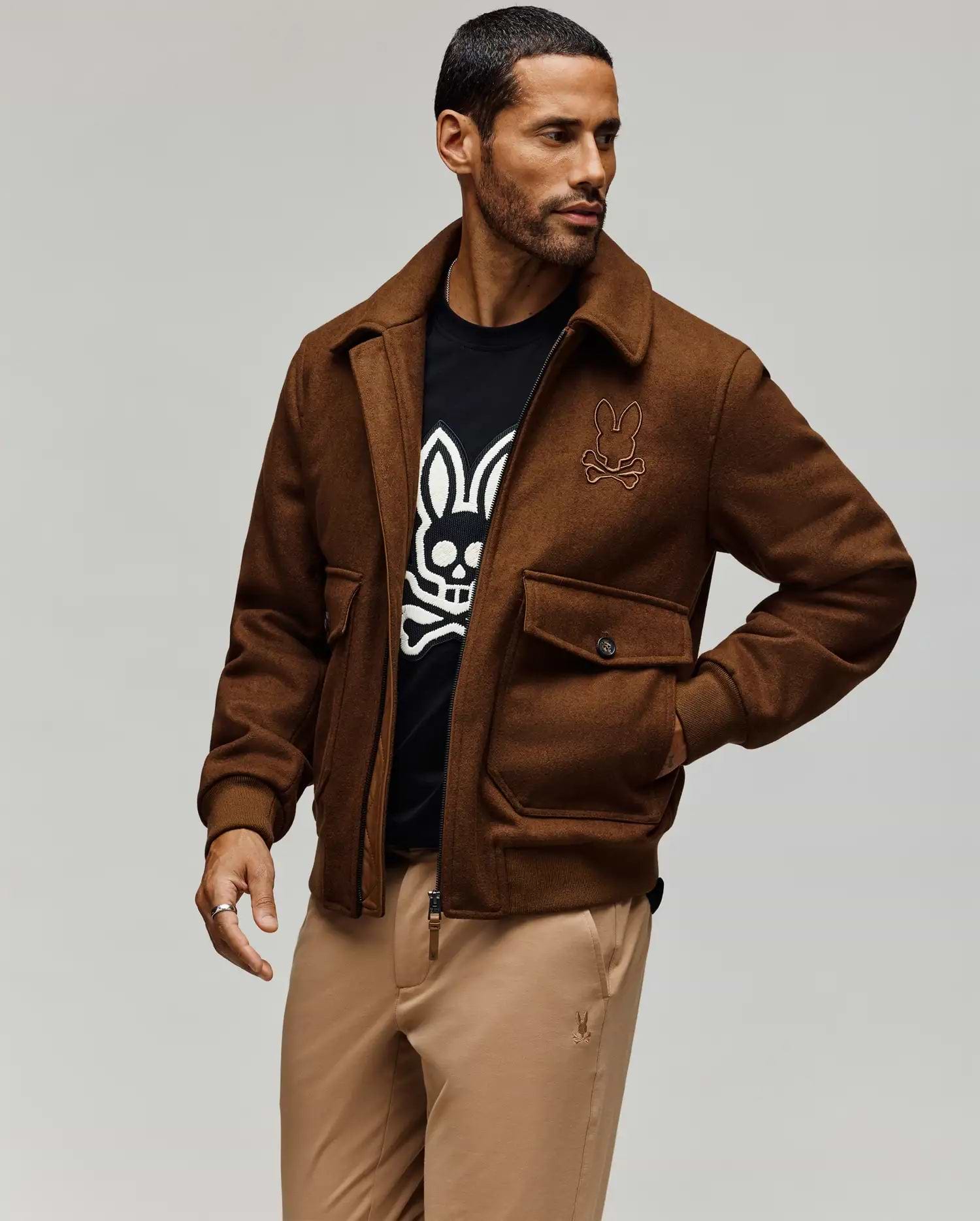 Men's Gavin Solid Bomber Jacket in Brown | Psycho Bunny