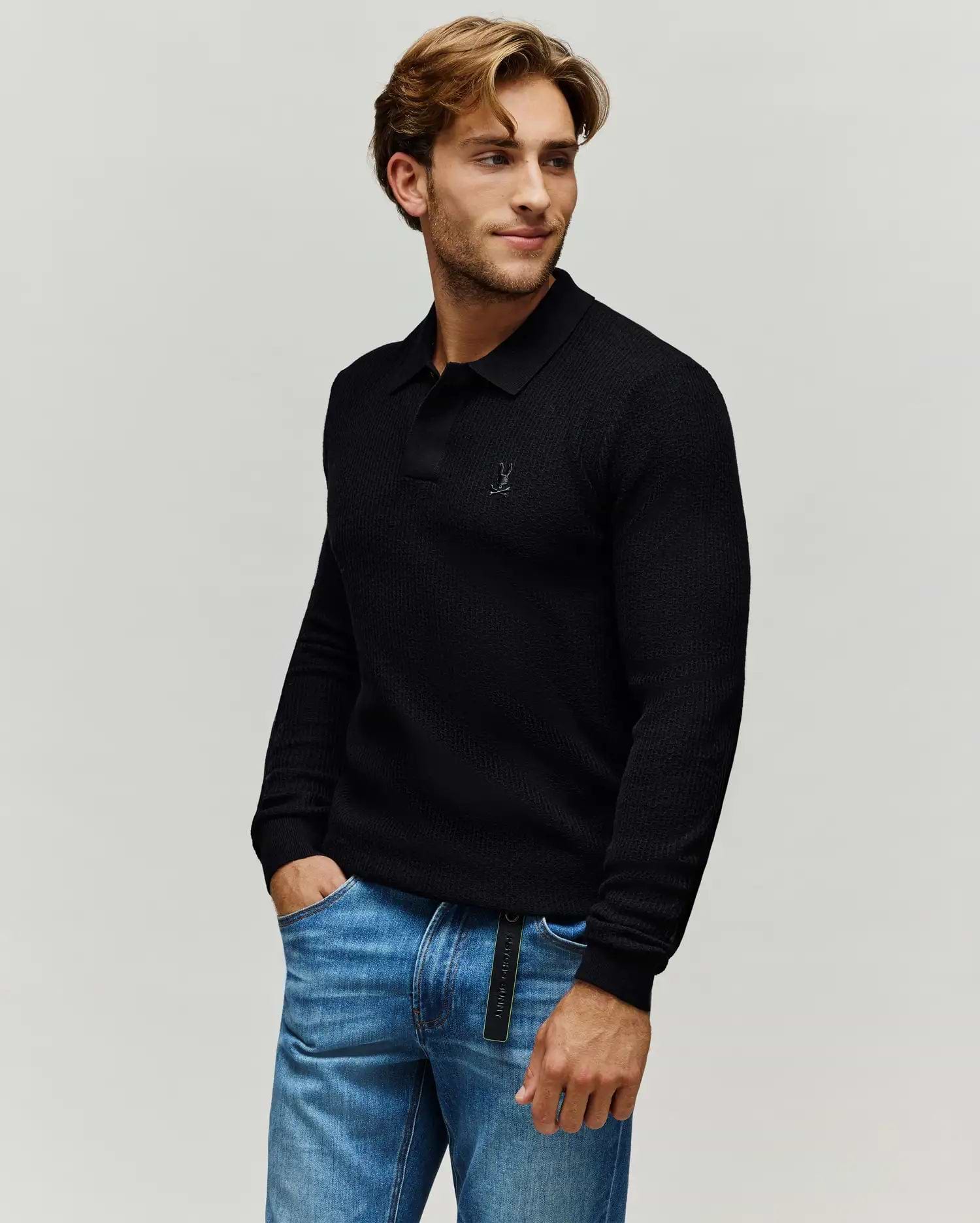Men's Roman Long Sleeve Knit Polo in Black | Psycho Bunny