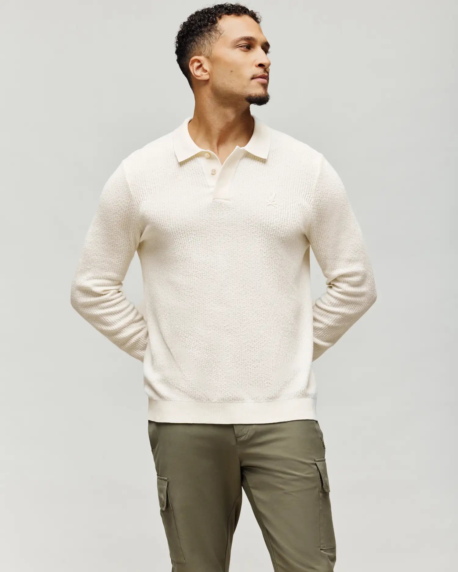 Men's Roman Long Sleeve Knit Polo in Beige | Psycho Bunny