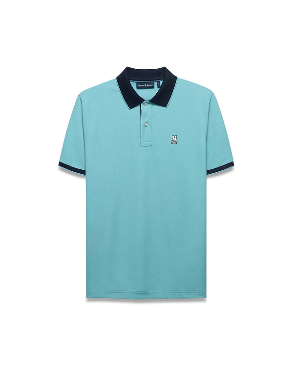 Men's Klaus Pique Polo in aqua blue, featuring a classic fit, pique knit fabric, navy blue ribbed collar and cuffs, two-button placket, and a small embroidered Psycho Bunny skull logo on the left chest.